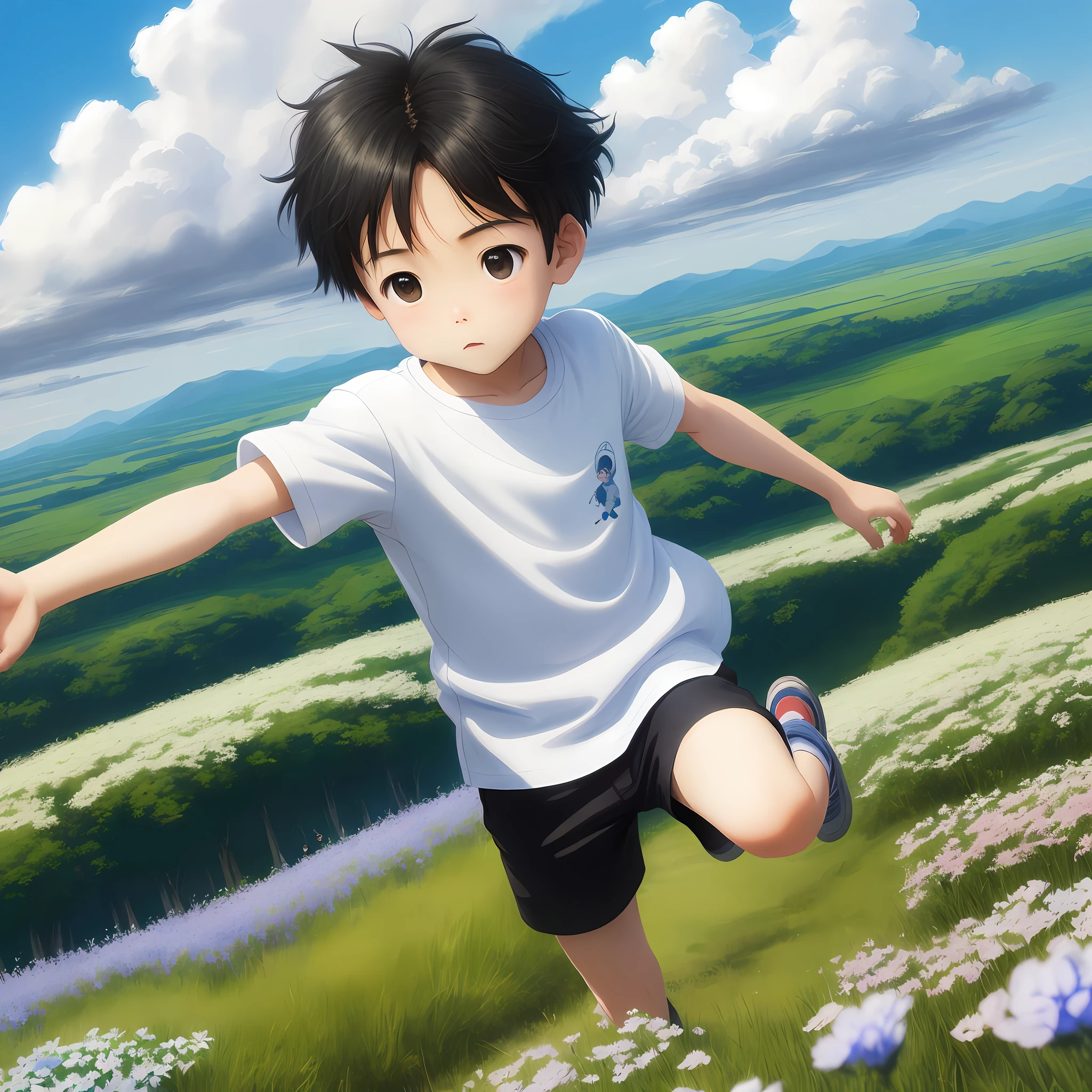 3 year old boy、White shirt and black shorts、Flying in the sky、with a realistic、Be authentic、beautifly、Amazing landscape oil painting Studio Ghibli Hayao Miyazaki petal meadow with blue sky and white clouds --v6