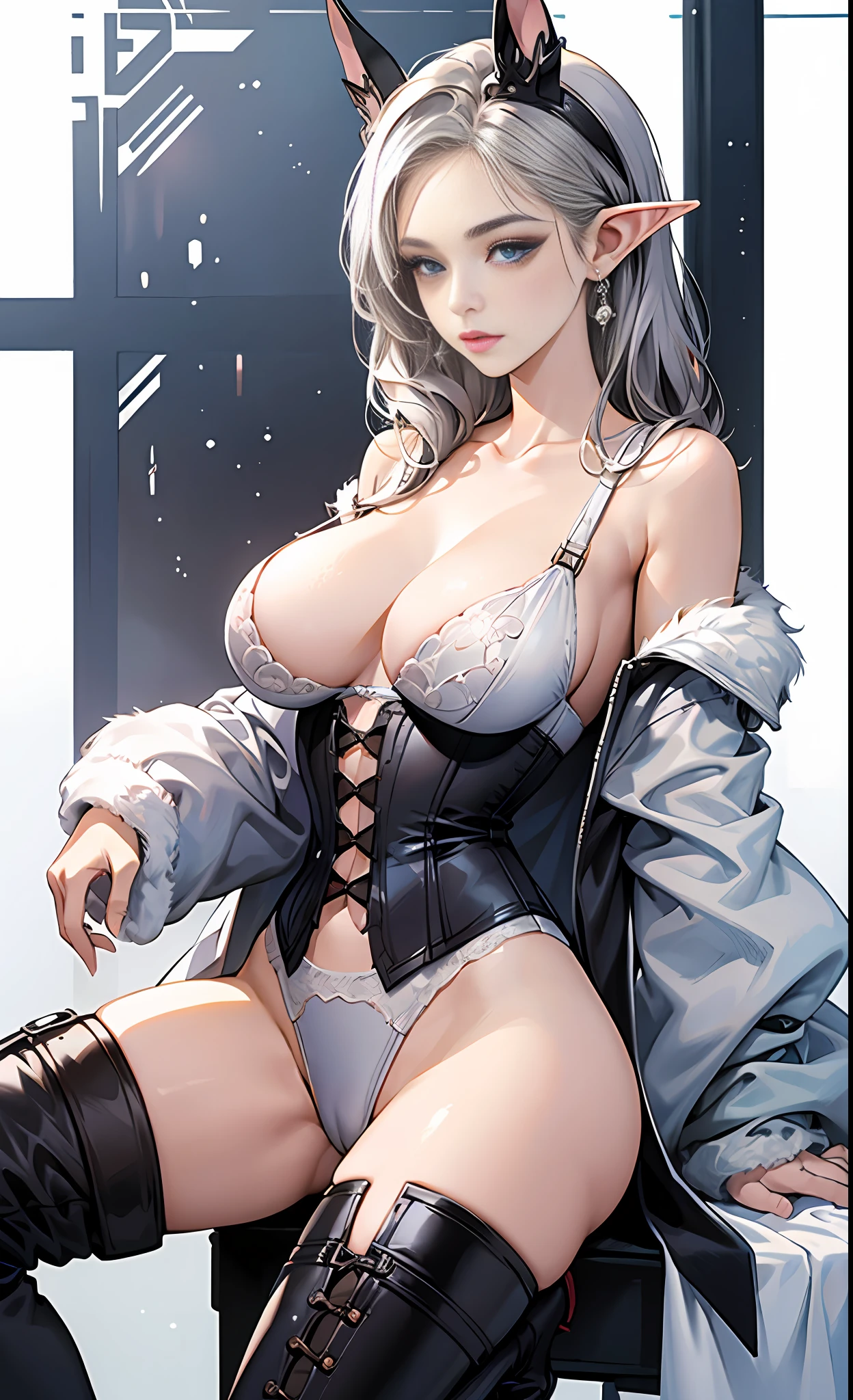 [white color:Blue:0.65] theme，杰作，to stand，A masterpiece of a mature woman，Detailed visual art，（Detailed eyes：1.3），Blue eyes，Long silver hair，eyeshadows，Elf ears，fcollarbone，Royal Queen，elegantly，White corset underwear，naked shoulders, Big tits:1.3, opening crotch, Thigh seams, groin, Long boots，[NSFW|Uncensored], (background simple:1.1) , Low wing,The whole body
