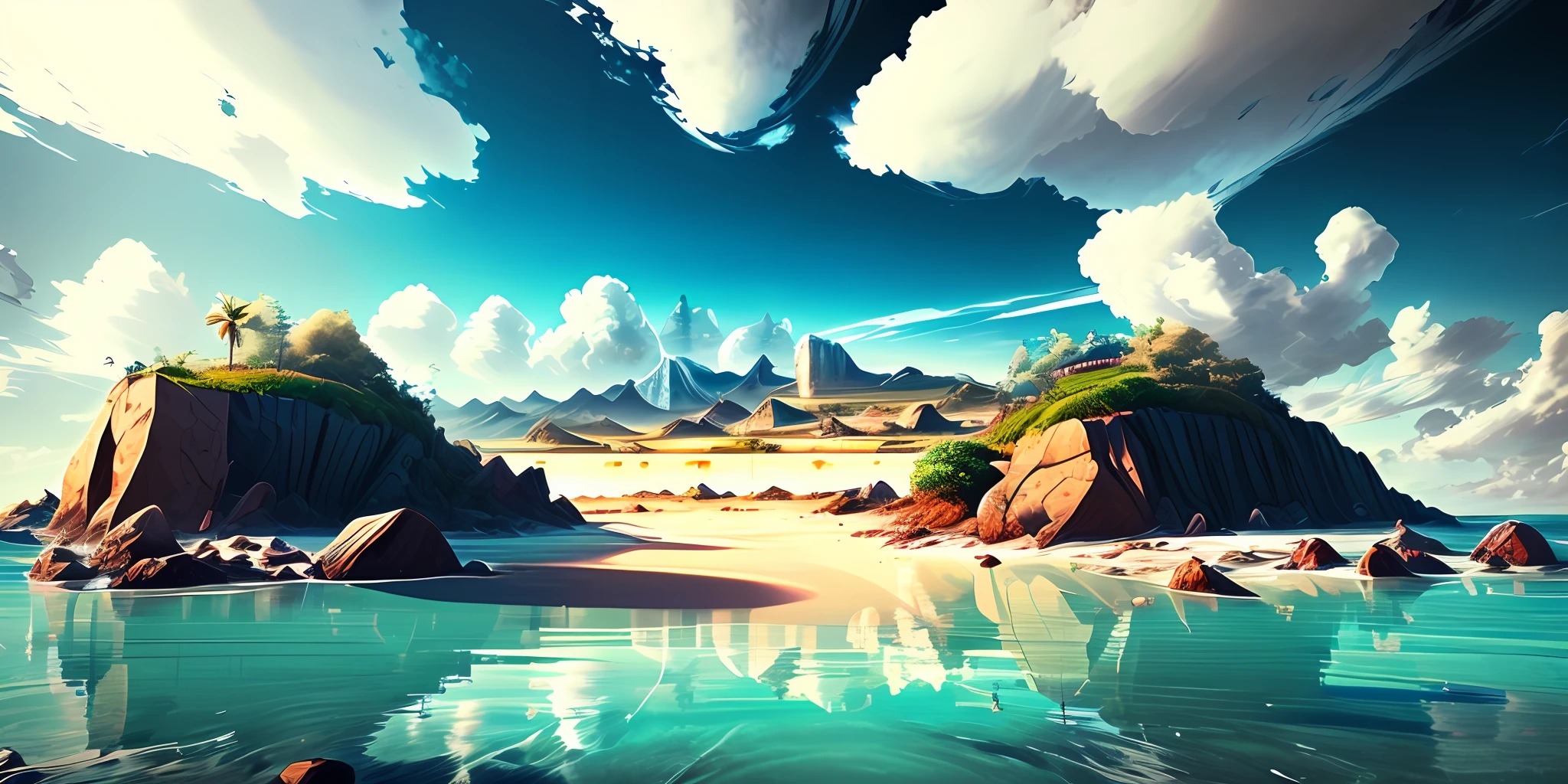 A game scene,sea level,blue sky with white clouds,Ultra HDR