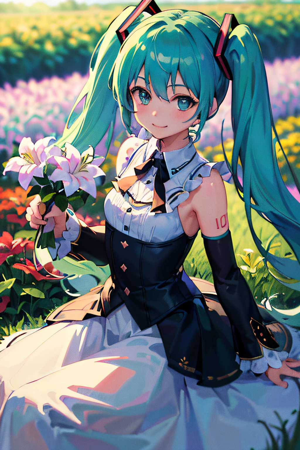 (masterpiece, best quality, highres:1.4), 1girl, ((unity 8k wallpaper, illustration, lily_\(flower\), beautiful and delicate detailed girl)), hatsune miku, twintails, green eyes, small breasts, flower field, flower, red flower, plant, flower field, smile,