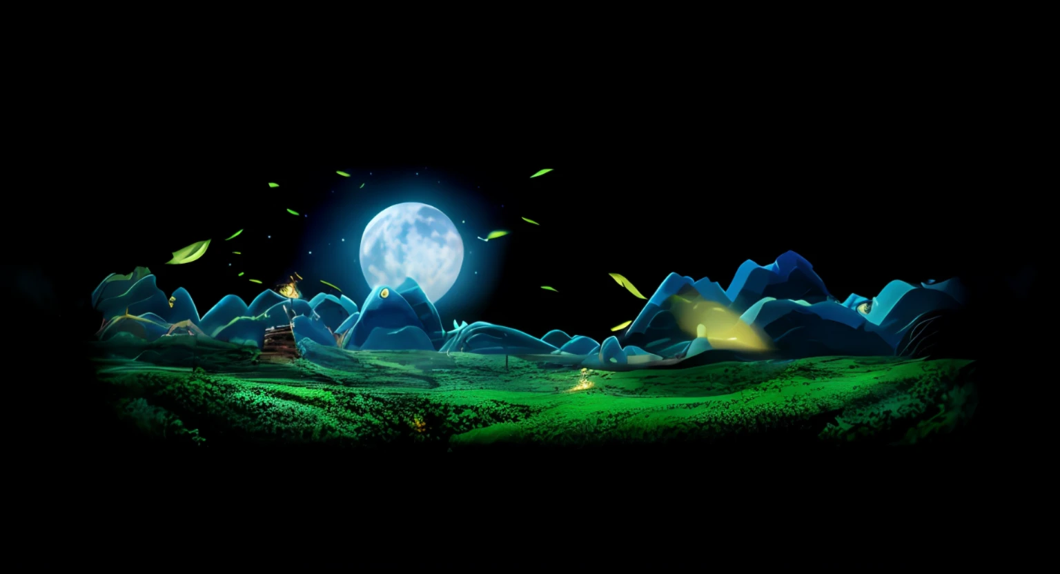 Anime scene in a full moon tea garden, Night view of distant mountains, background artwork, moonlit night dreamy atmosphere, game background, high-quality wallpaper, moonlit starry sky environment,  nighttime nature landscape, calm night. Digital illustration, float under moon light at night, high-quality wallpaper,