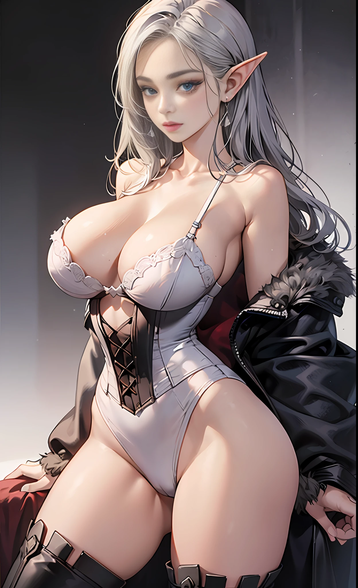 [white color:Blue:0.65] theme，杰作，to stand，A masterpiece of a mature woman，Detailed visual art，（Detailed eyes：1.3），Blue eyes，Long silver hair，eyeshadows，Elf ears，fcollarbone，Royal Queen，elegantly，White corset underwear，naked shoulders, Big tits:1.3, opening crotch, Thigh seams, groin, Long boots，[NSFW|Uncensored], (background simple:1.1) , Low wing,The whole body