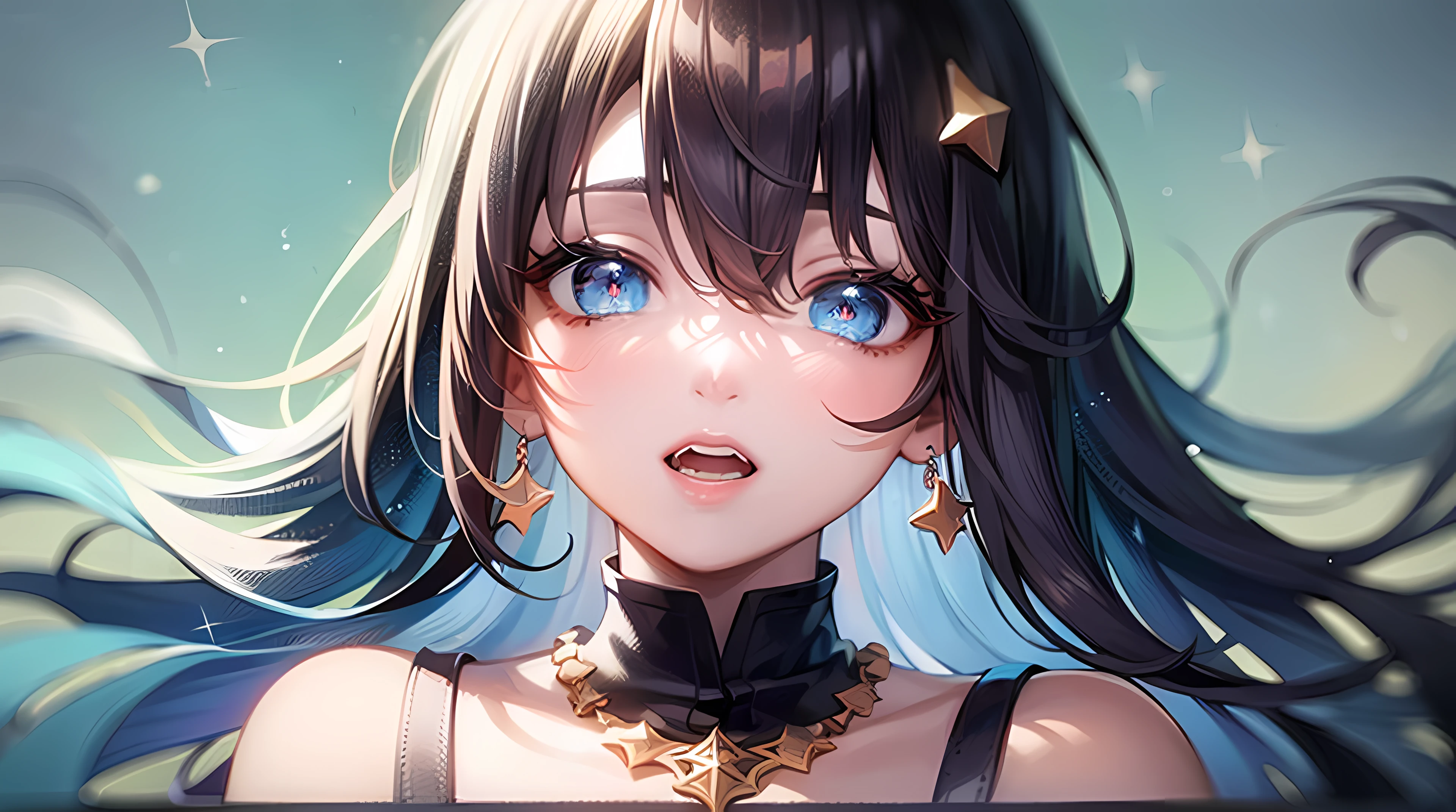 (1girl:1.3),solo,bluehair,blueeyes,longhair,lookingatviewer,hairoveroneeye,closedmouth,star(symbol),jewelry,floatinghair,hairornament,bangs,upperbody,oneeyecovered,portrait,sparkle,necklace,fromabove,eyelashes,ShowMore