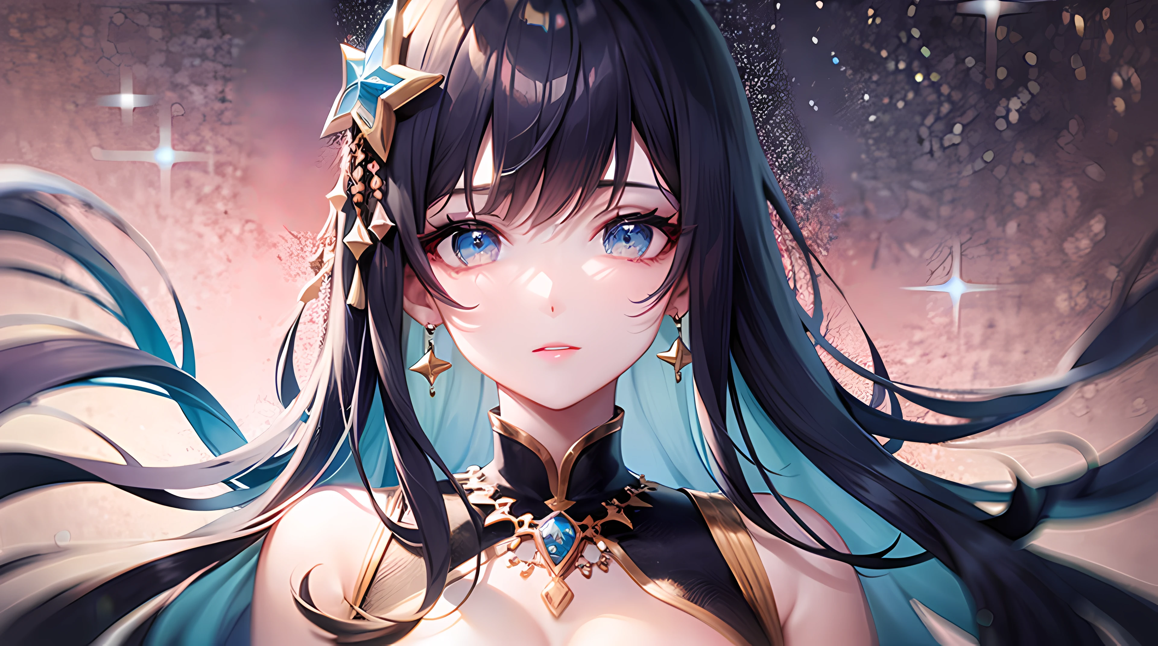 girl,solo,bluehair,blueeyes,longhair,lookingatviewer,hairoveroneeye,closedmouth,star(symbol),jewelry,floatinghair,hairornament,bangs,upperbody,oneeyecovered,portrait,sparkle,necklace,eyelashes,ShowMore, 杰作， best qualitiy， 8k，  rspective， deep of field， high resolusion， fine detailed， Ultra detailded， Sharp focus