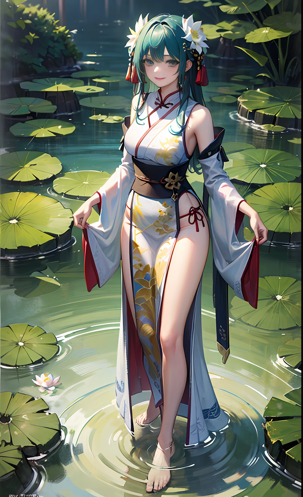 ((4k,masterpiece,best quality)), shuimobysim, traditional chinese ink painting, lotus, hanfu, maxiskit, dress conservatively 1girl, solo, long blue hair, smile, standing, feet in the water, barefoot,