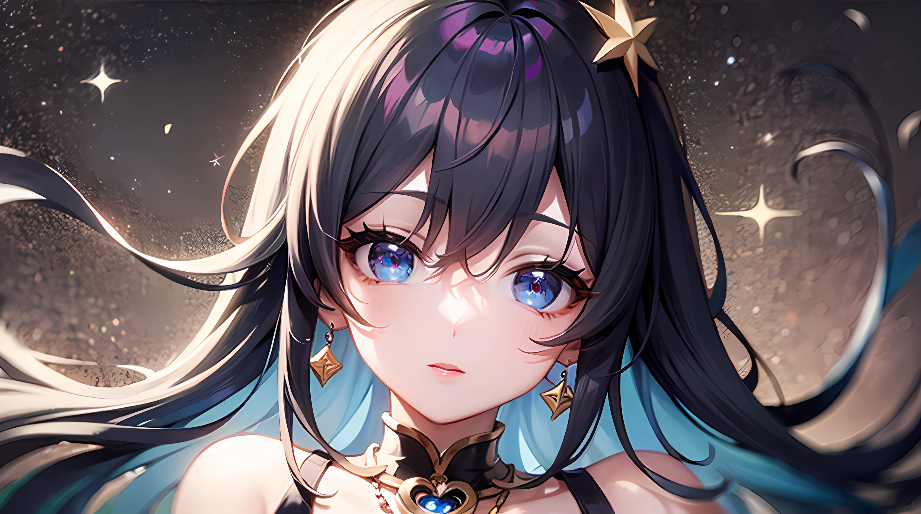 girl,solo,bluehair,blueeyes,longhair,lookingatviewer,hairoveroneeye,closedmouth,star(symbol),jewelry,floatinghair,hairornament,bangs,upperbody,oneeyecovered,portrait,sparkle,necklace,eyelashes,ShowMore, 杰作, best qualitiy, 8k, rspective, deep of field, high resolusion, fine detailed, Ultra detailded, Sharp focus