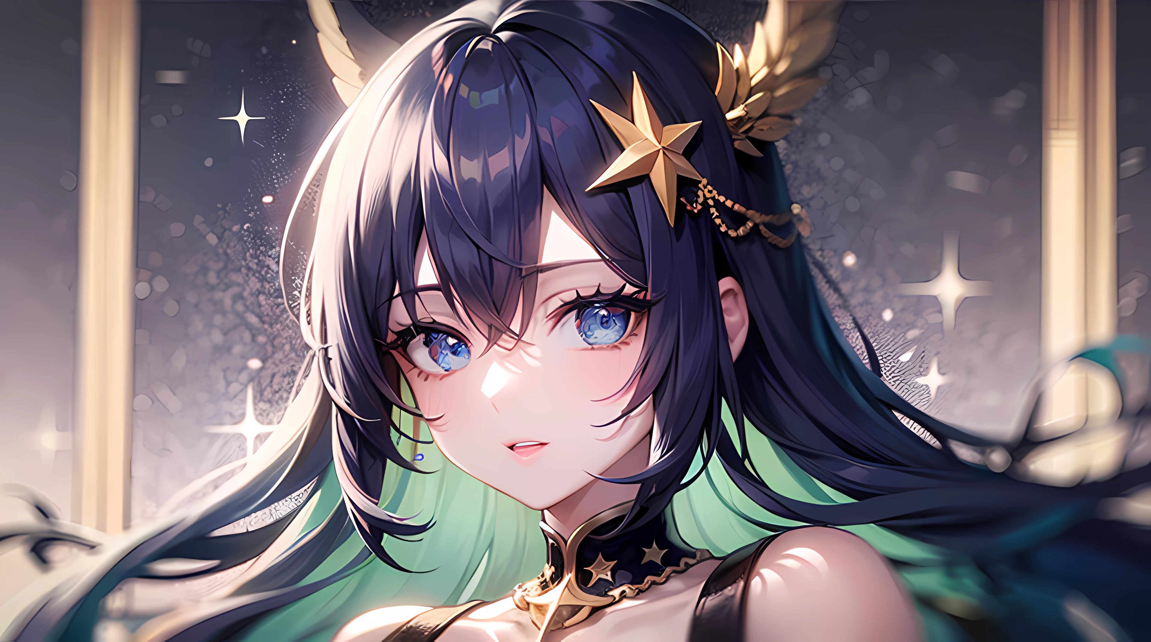 girl,solo,bluehair,blueeyes,longhair,lookingatviewer,hairoveroneeye,closedmouth,star(symbol),jewelry,floatinghair,hairornament,bangs,upperbody,oneeyecovered,portrait,sparkle,necklace,eyelashes,ShowMore, 杰作， best qualitiy， 8k，  rspective， deep of field， high resolusion， fine detailed， Ultra detailded， Sharp focus