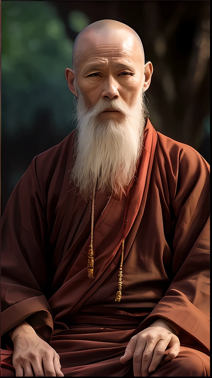 white beard、Arafard man sitting in a chair in a red robe, portrait of monk, ancient japanese monk, taoist, monk meditate, buddhist monk, monk clothes, 2 1 st century monk, ukrainian monk, taoist, holy man looking at ground, Taoism, peaceful expression, monk, full body picture of a male monk
