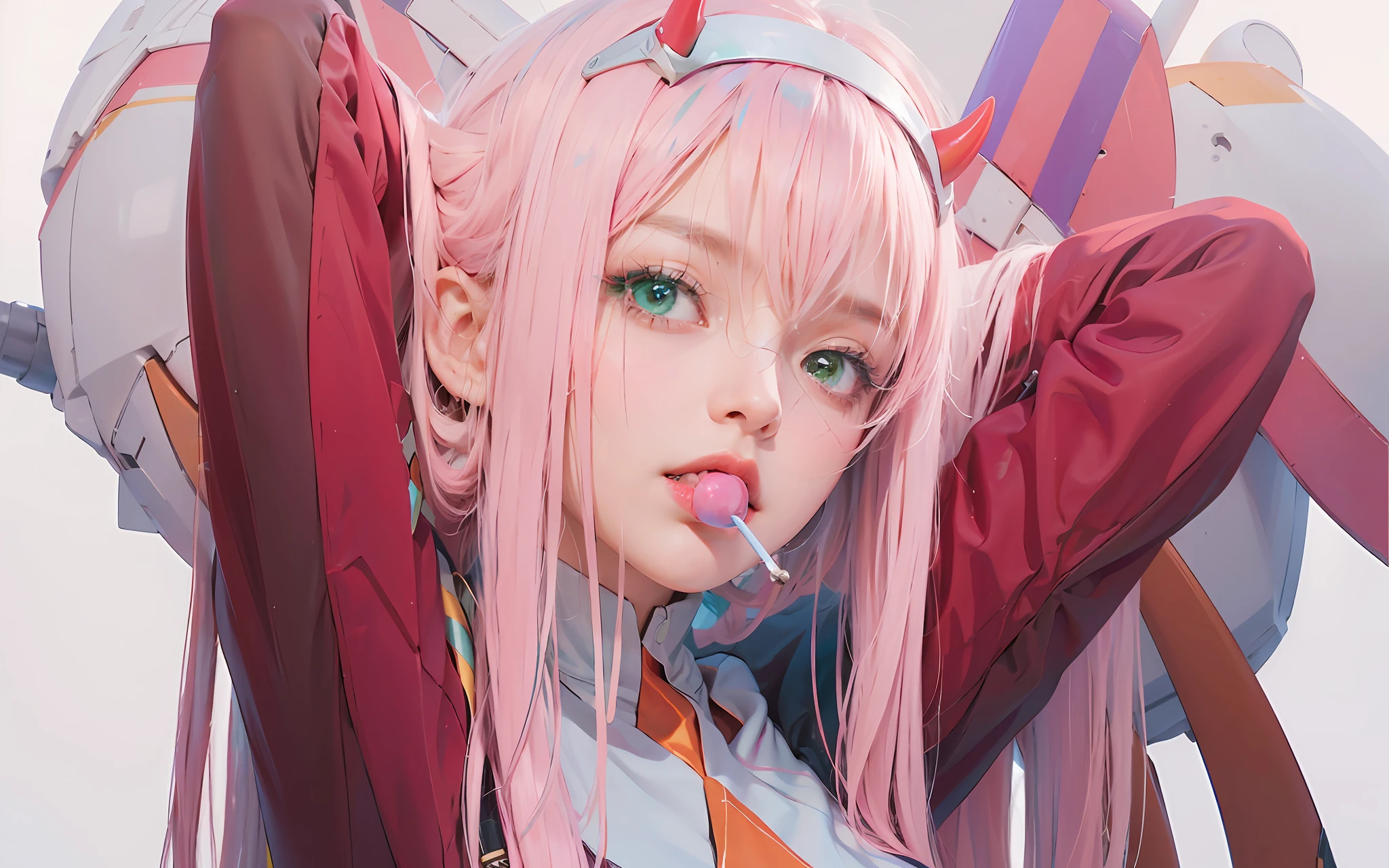 Best quality, masterpiece, ultra high res, (photorealistic:1.4), raw photo, link pink hair, green eyes, red horn accessory, chewing lolipop, mecha robot background