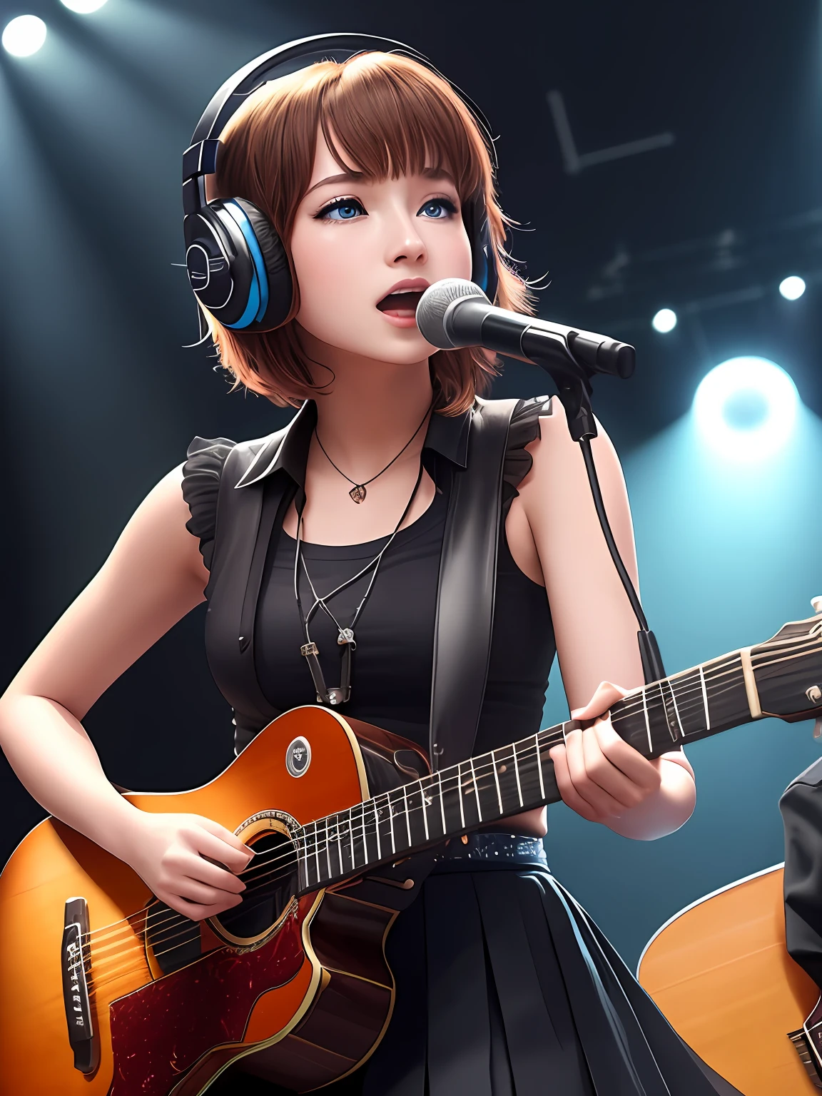 solo beautiful (1girl:1.3), cute pop singer, melancholy, short hair, symmetrical teary blue eyes, black skirt, pleated skirt, black shirt, singing and playing guitar, headphones, holding plectrum, one side up, cinematic, concert lighting, dynamic angle, beautiful detailed glow, full body, cowboy shot, (high detailed skin, soothing tones :1.25), hyperdetailed