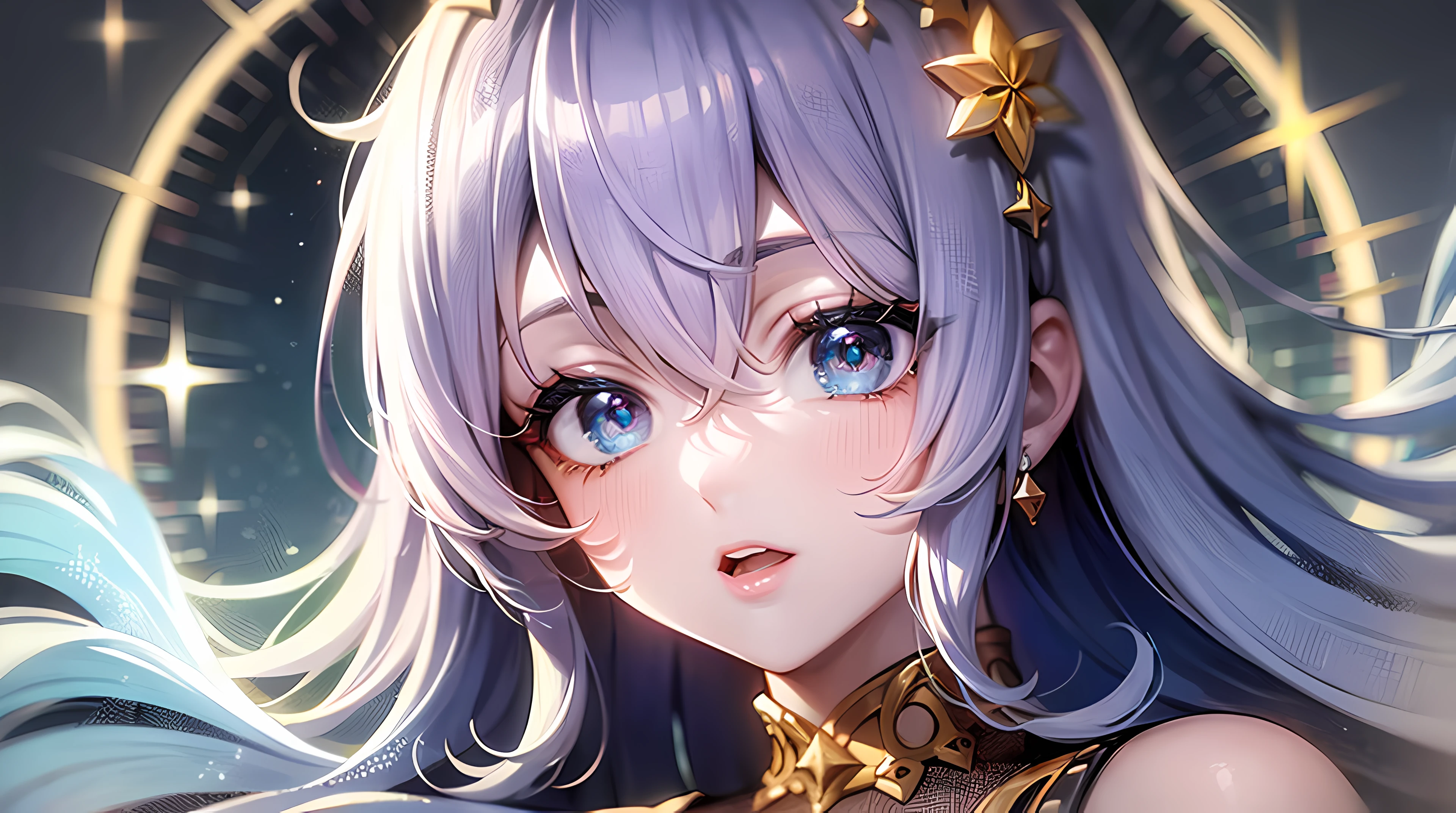 soio，gal girl，blue-eyed，bobhair，Look at Audience，As estrelas，jewelries，float hair，hair ornament，hair bangs，upper-body，sportrait，flashes of light，gargantilha，EYE LASHES，ShowMore， 杰作， best qualitiy， 8k，  rspective， deep of field， high resolusion， fine detailed， Ultra detailded， Sharp focus