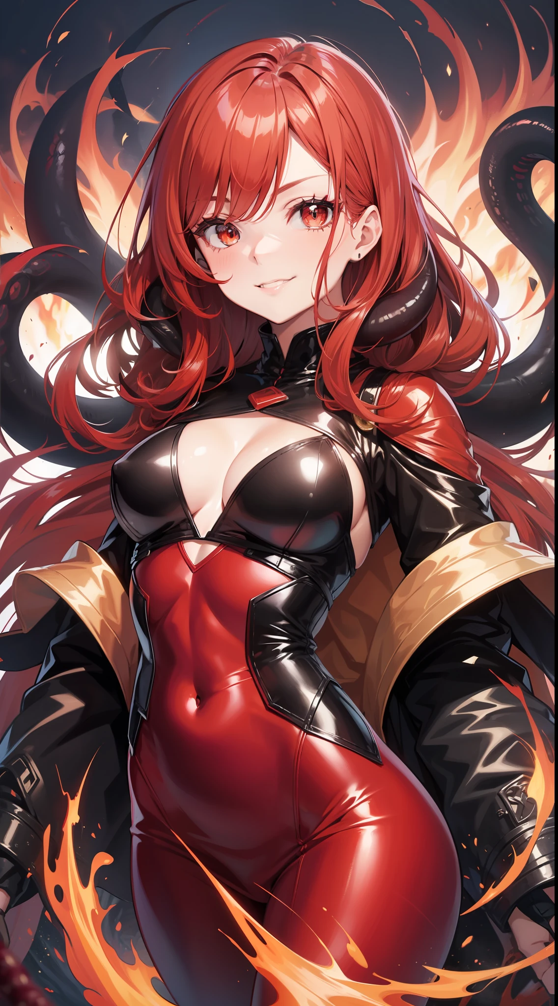 Adult woman, long bright red fiery hair, bright red fiery eyes, bright red fire dress, Tentacles made of magma, smirk, The Masterpiece, hig quality