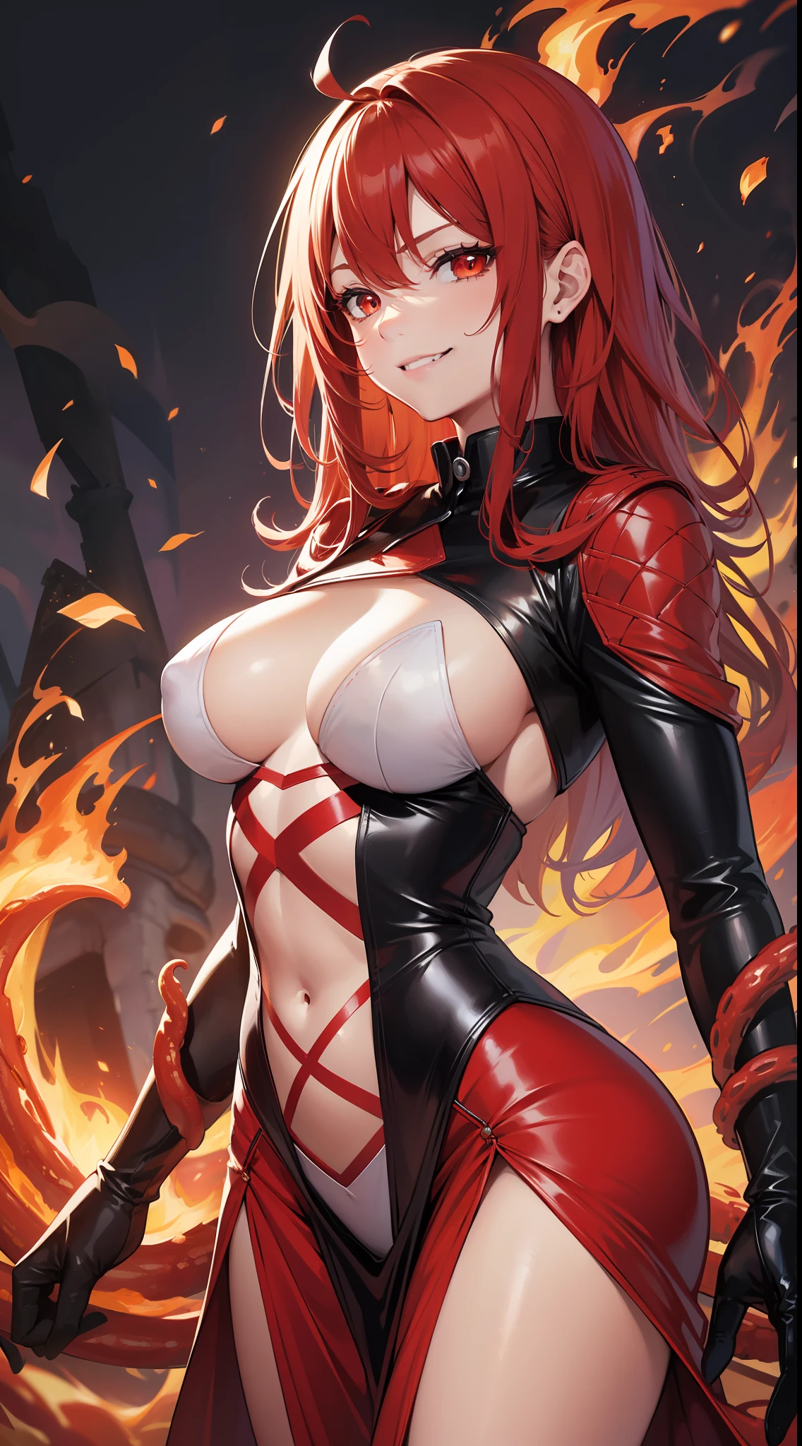 Adult woman, long bright red fiery hair, bright red fiery eyes, bright red fire dress, Tentacles made of magma, smirk, The Masterpiece, hig quality