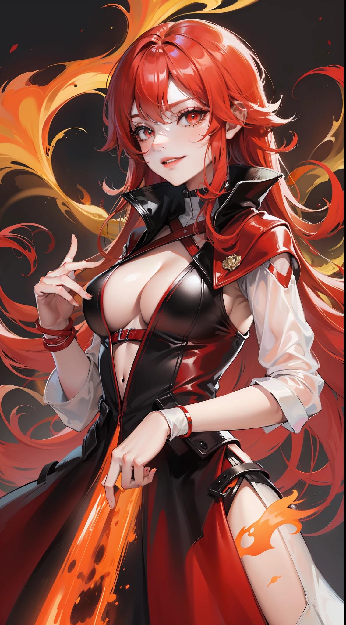 Adult woman, long bright red fiery hair, bright red fiery eyes, bright red fire dress, Tentacles made of magma, smirk, The Masterpiece, hig quality