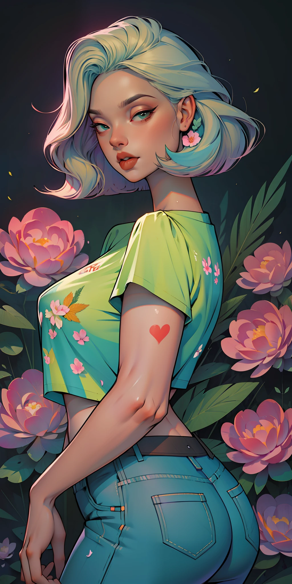 Background, mixed-language_SMS, Japanese letters in graffit, (beautiful and clear background:1.2),, fantastic paintings ,graffit style, olhos altamente detalhados , a white t-shir, cannabis print, Flowers, Peonies, Machi, marijuana tattoo, Loving, Eroquesis, bust, bikini of, steeply, stylishly, fashionably, ultra detailed hair, Masterpiece, Best Quality, hig quality, high-resolution, detail enhancement, ((most beautiful image in the world)), Masterpiece, Best Quality, hig quality, high-resolution, detail enhancement, ((most beautiful image ), light lavender hair, Mint hair, Shiny degraded hair, t-shirt stampa flores, wearing jeans,, art by stjepan sejic, art by j scott campbell, art by guillem march, art by citemer liu, 4k, High Resolution, comic book character, comic, high quality detailed, style of ::2.0 comix illustration style,tatoon style, hig quality, high-resolution, detail enhancement, 8K, HD, Best Quality, hig quality, high-resolution, detail enhancement, 8K, HDR, Sharp focus, Ultra Detailed, Perfect lighting, Curvy Body, Lush breasts, Curvy hips, Chic, big ass