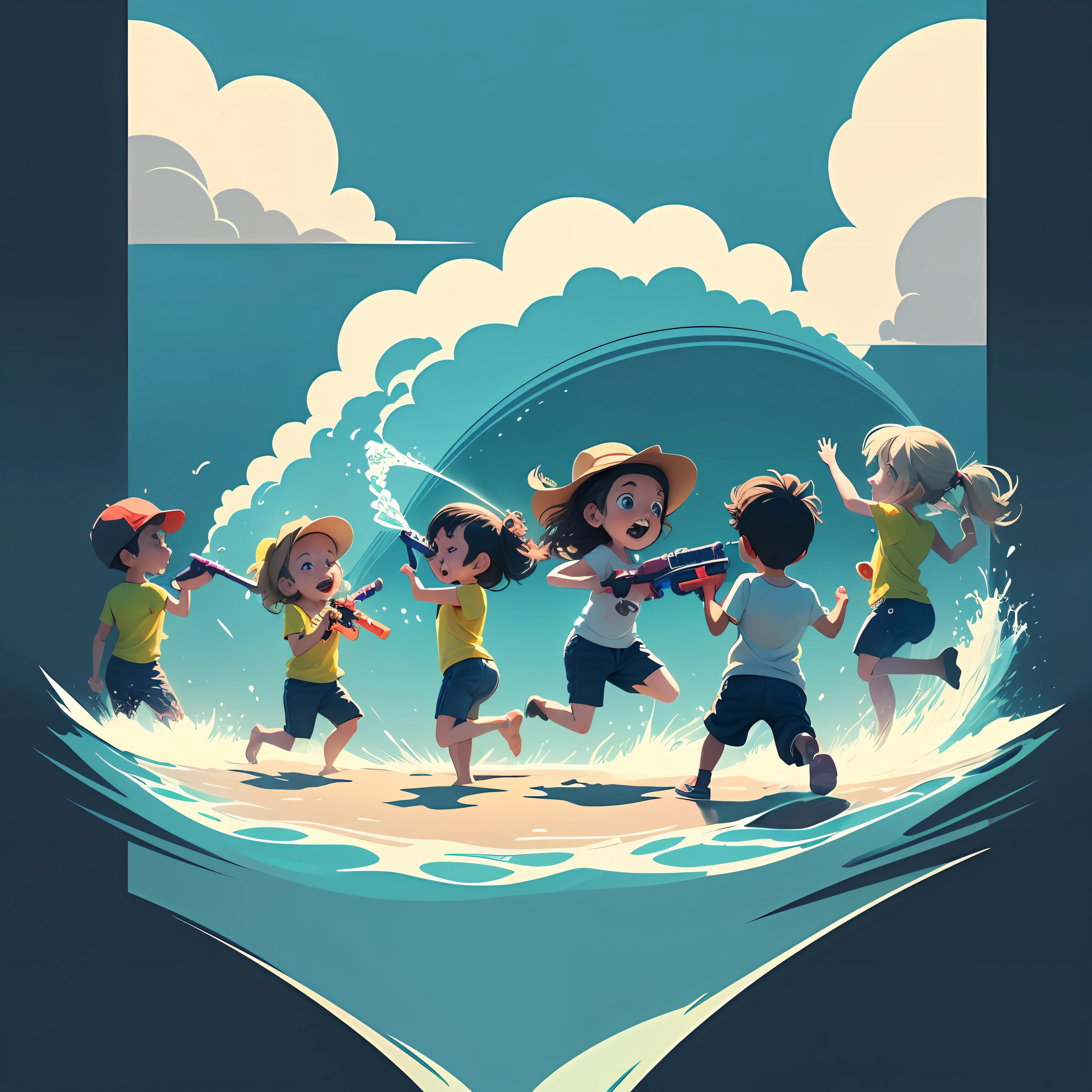 Blue sky meadow,A group of kids playing with water guns,tshirt design,MIDJOURNEY,vectorart,Hydrology 74 --auto