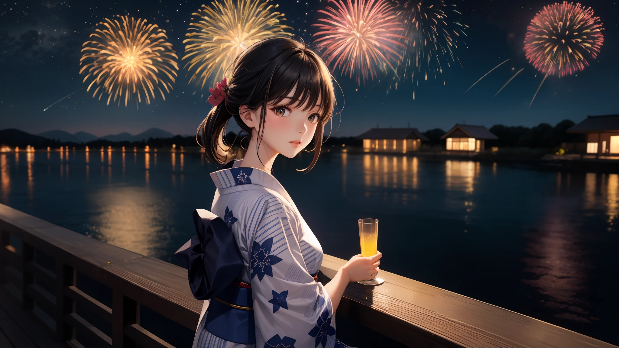 beauty, 25 years old, countryside, yukata, night, starry sky, fireworks, river,