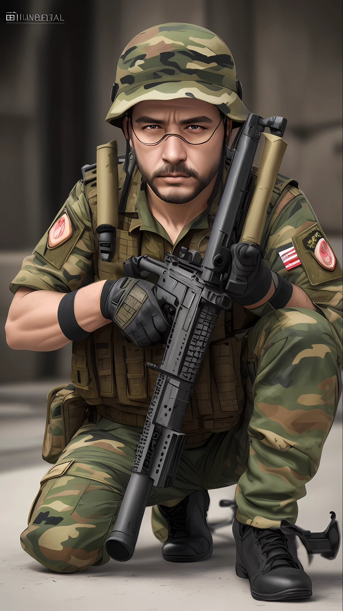 um close up de um soldado ajoelhado com um rifle, soldados realistas, irreal 5. retrato de rpg, kingpin, foto de retrato em close-up, soldado, close up foto de retrato, Tony Sart altamente detalhado, 3 d render de jerma 9 8 5, Arte conceitual como Ernest Khalimov, inspirado por Kim Hwan-gi, equipamento militar realista, Segurando PDW, french special ops