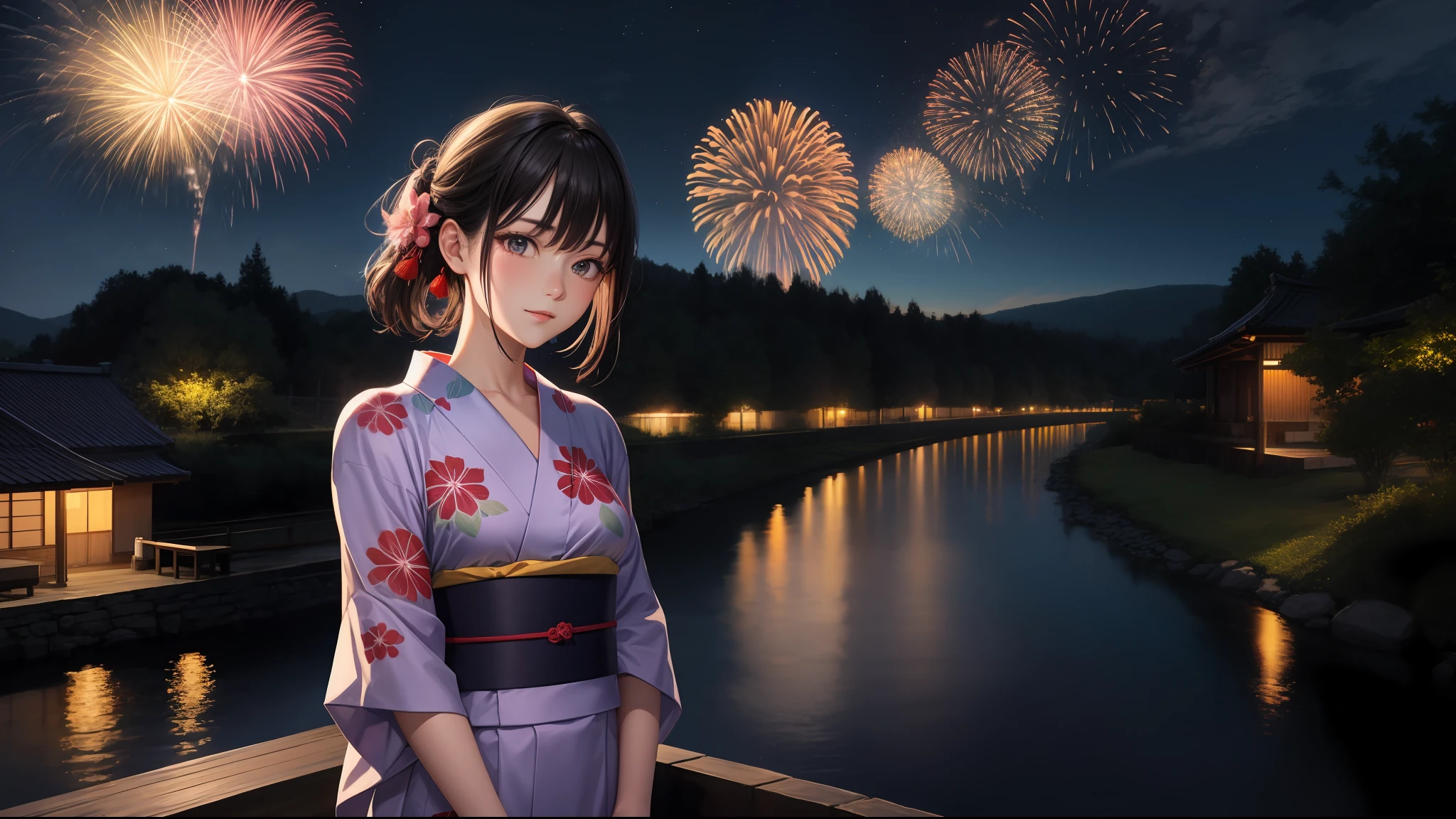 beauty, 25 years old, countryside, yukata, night, starry sky, fireworks, river,