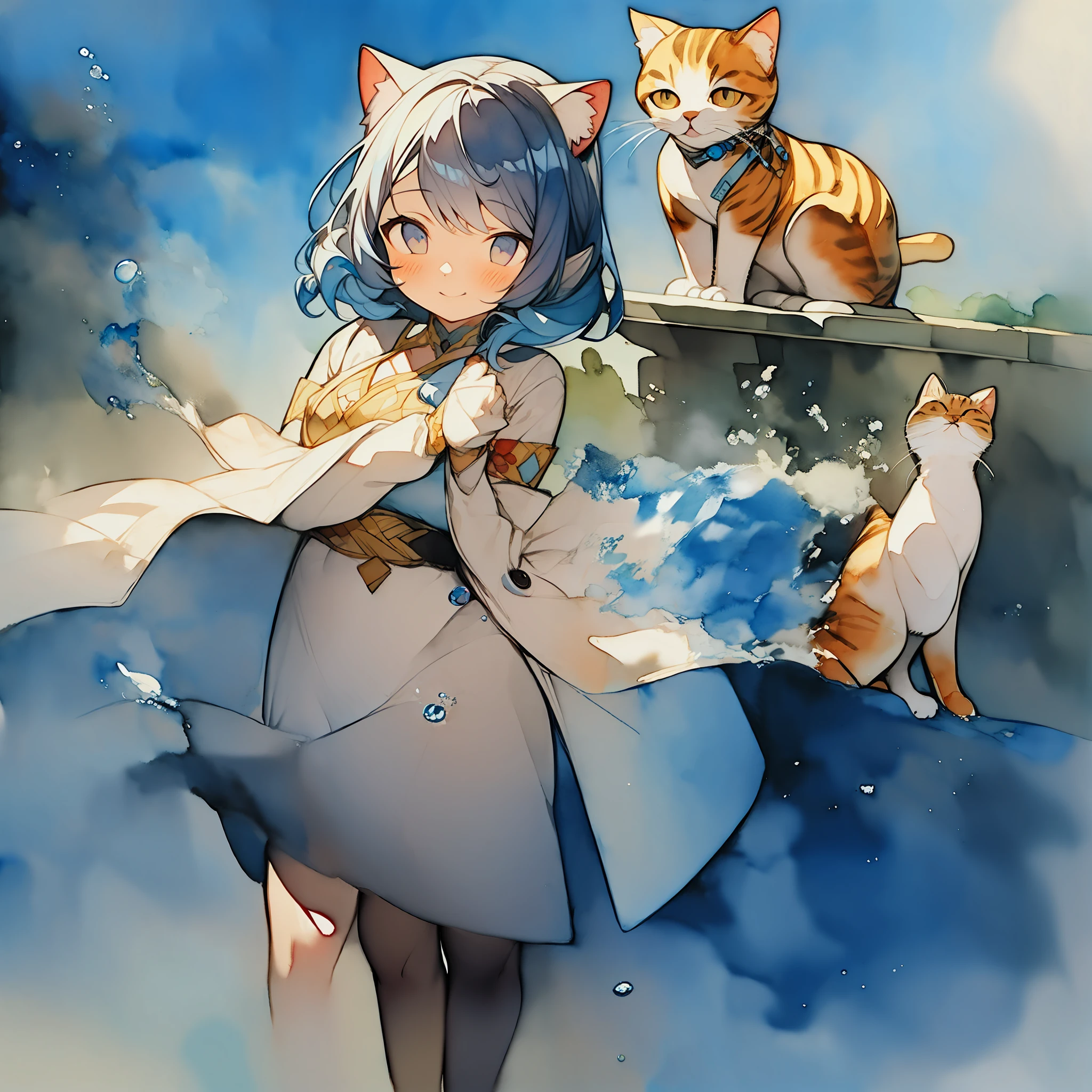 (watercolors:1.2),cat ear,1girls,a whole body,Character design