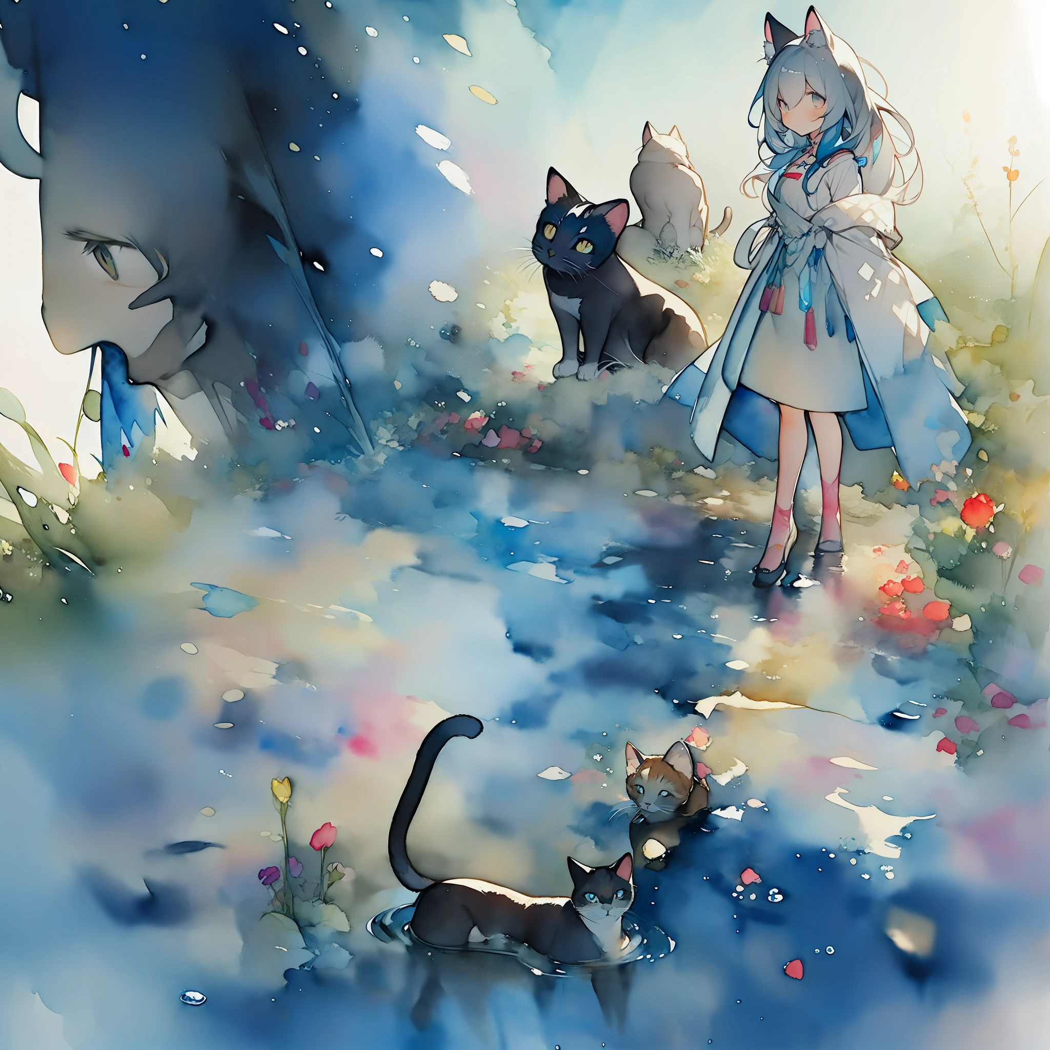 (watercolors:1.2),iwhite colored hair,cat ear,1girls,(illustration)，Character design