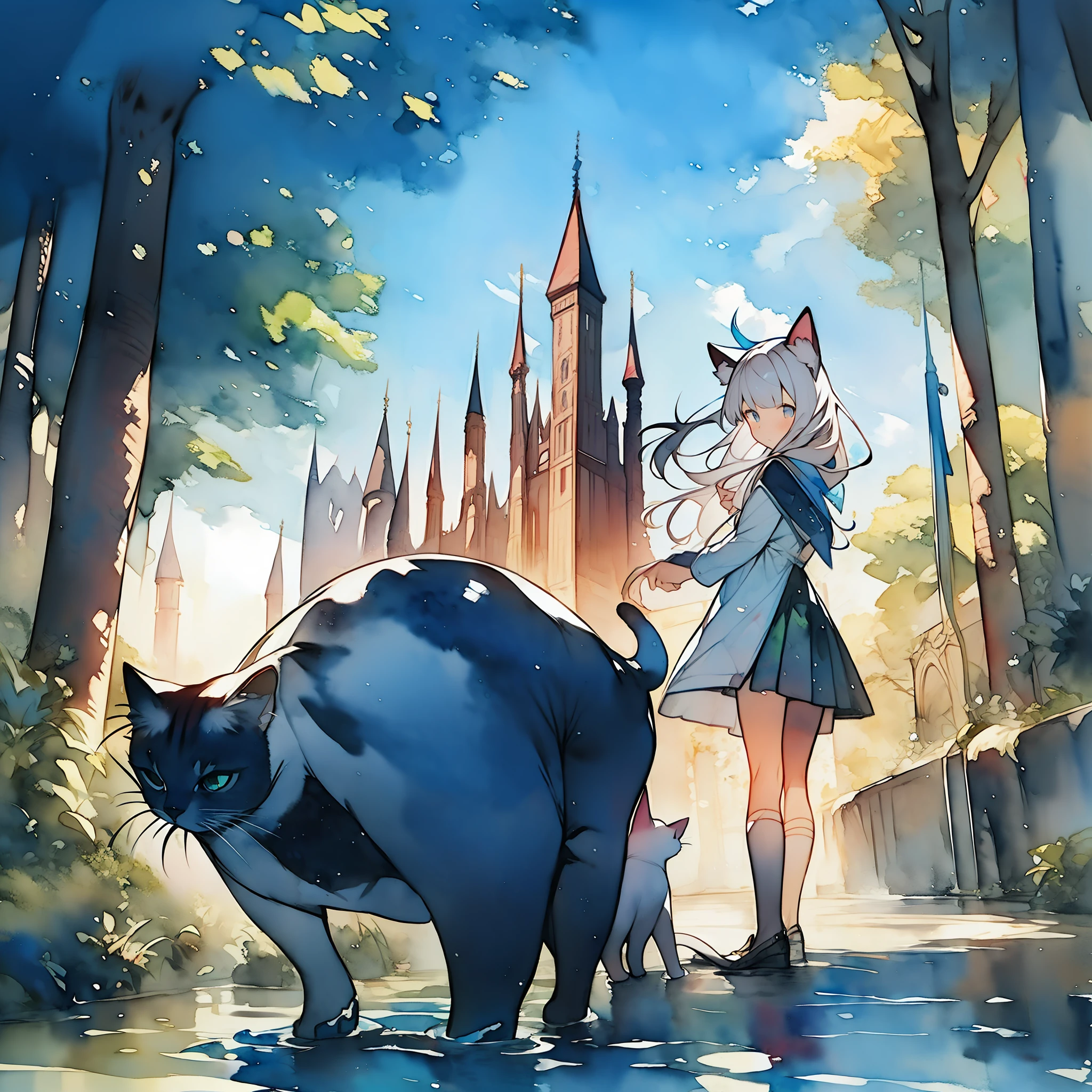 (watercolors:1.2),iwhite colored hair,cat ear,1girls,(illustration)，Character design