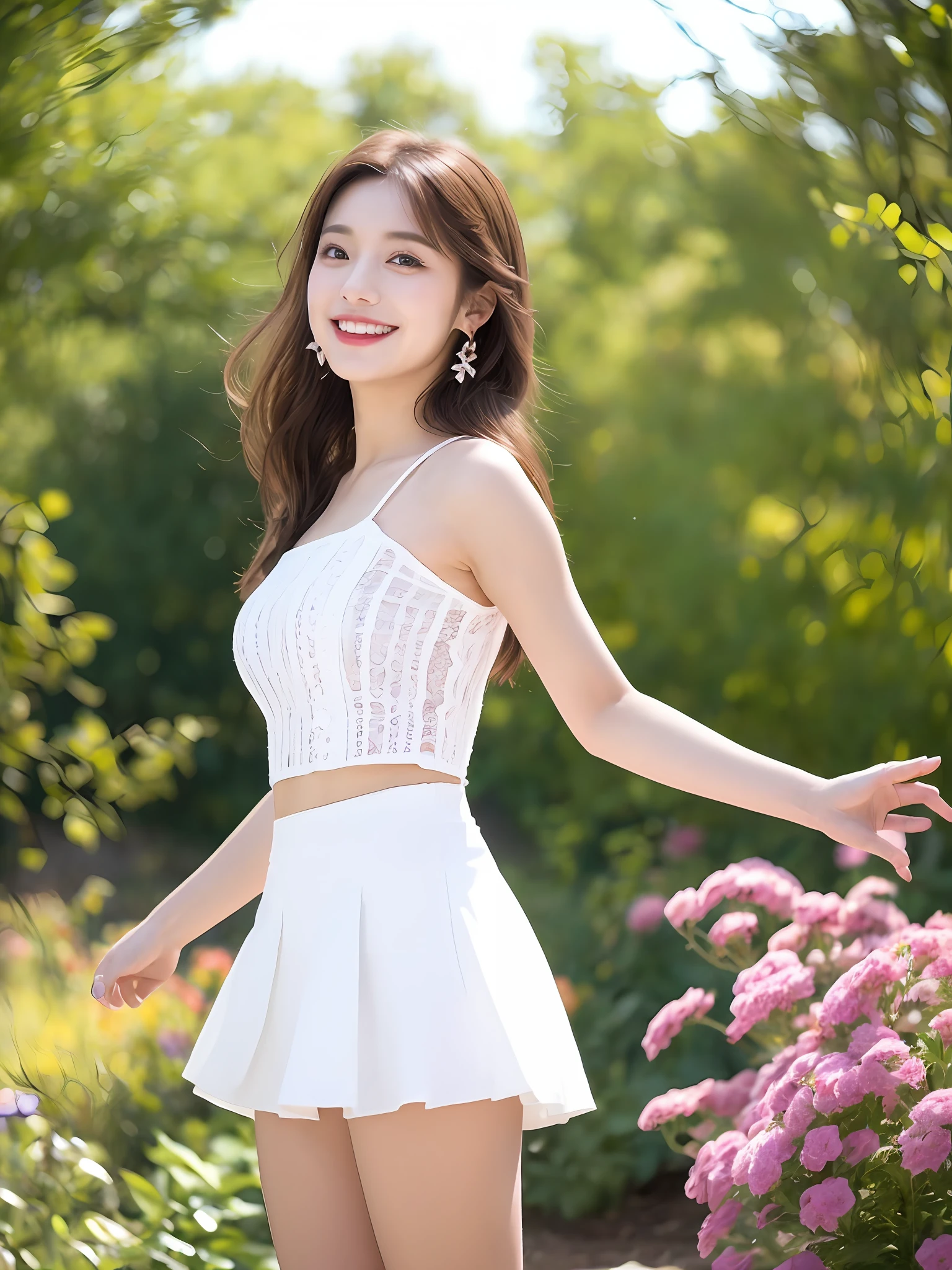 In the garden, 1 girl, hairpins, earrings, jewelry, brown hair, looking at the audience, lips, playful, thighs, full body, white top, short skirt, sweet smile on the face, natural arms, seems to be dancing in harmony with the surroundings. Her breath is full of vitality and vitality, as if her whole body is venting the energy of youth. The whole picture is made more vivid by her presence, making people feel endless joy and vitality.