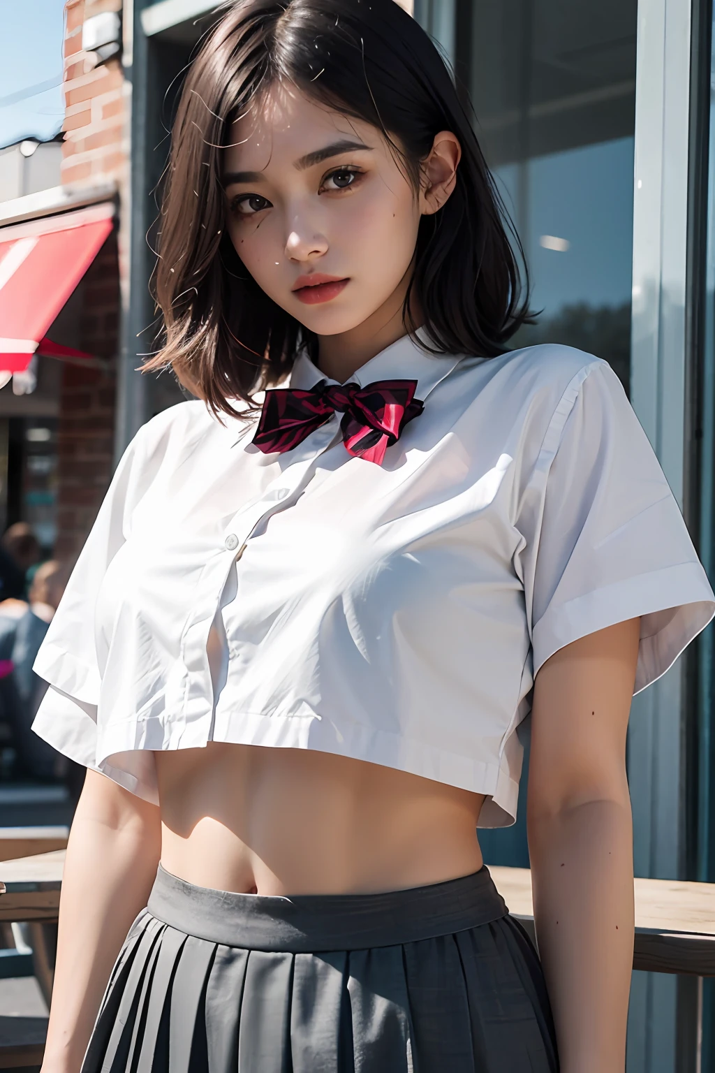 (Raw photography、beste Quality)、(Realstic、photorealestic:1.2)、Close-up portrait photography、a 1 girl、Rooftop café in a shopping mall、out door、Cool face、(high-detail skin:1.4)、Gorgeous hair、Air bangs、Brown black hair、White sheer shirt and bow tie、bright red pleated skirt、Soft lighting、hig quality、((massive underboob))