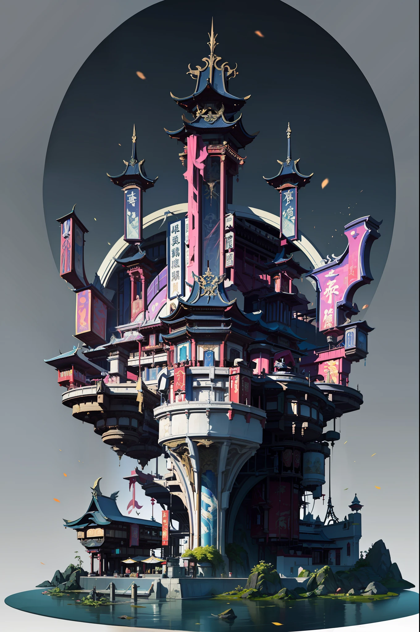 （Future science fiction，neon lit，The cyberpunk，Hologram aura、Particle effects），Game Academy，Ethno-style architecture，Ancient Chinese，Xianxia，night，Structurally sound、high-definition details，perfect works，White background，（杰作，premier quality，best qualitiy，officlal art，Beauty and aesthetics：1.2），（8K，best qualitiy，杰作：1.2）