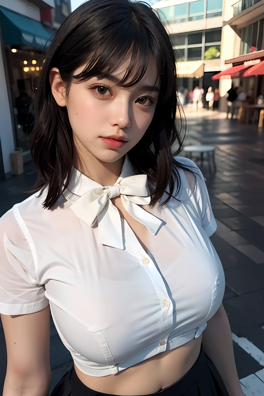 (Raw photography、beste Quality)、(Realstic、photorealestic:1.2)、Close-up portrait photography、a 1 girl、Rooftop café in a shopping mall、out door、Cool face、(high-detail skin:1.4)、Gorgeous hair、Air bangs、Brown black hair、White sheer shirt and bow tie、bright red pleated skirt、Soft lighting、hig quality、((massive underboob))