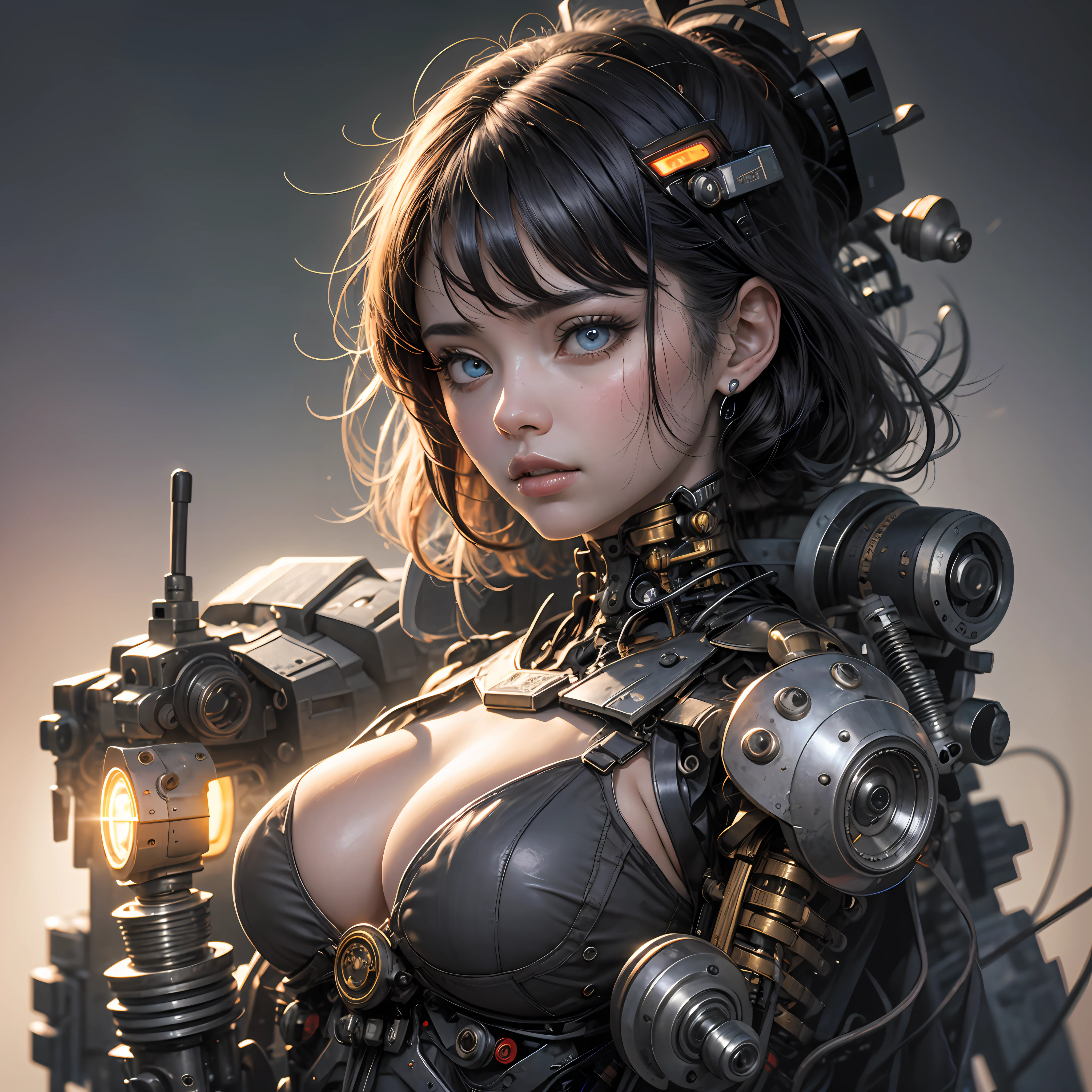 beste Quality、masterspiece、ultra-highres、(photorealestic:1.4)、Raw photo、女の子1人、Black hair、glowy skin、1 Mechanical Girl、((ultra realistic details))、The left half of the body is mechanical、The right half of the body is alive、portlate、Global Illumination、Shadow、Rendu octane、in 8K、ultrasharp、huge  boobs、Raw skin is exposed in cleavage、metals、Details of complex ornaments、Analog Meter、cogs、gear、Golden hydraulic cylinder、high intricate details、Realistic light、violet colored eyes、shinning eyes、Facing the camera、neon details、Mechanical limbs、blood vessels connected to tubes、Mechanical vertebrae attached to the back、mechanical cervical attaching to neck、sitting on、Wires and cables connecting to the head、Gundam、Small LED lamp、Luminous tube、 --auto