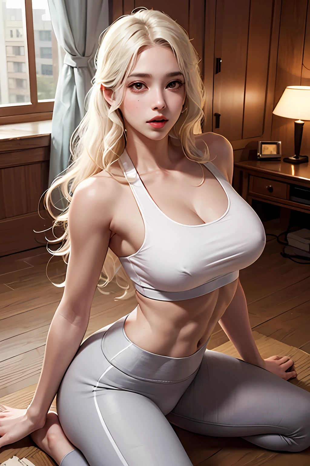 Realistic, high resolution, 1 girl, white wavy hair, Korean, heterochrome eyes, small moles under the eyes, loose white shirt, yoga pants, big breasts, long legs, tight abs, camel toes, sexually bit her lip