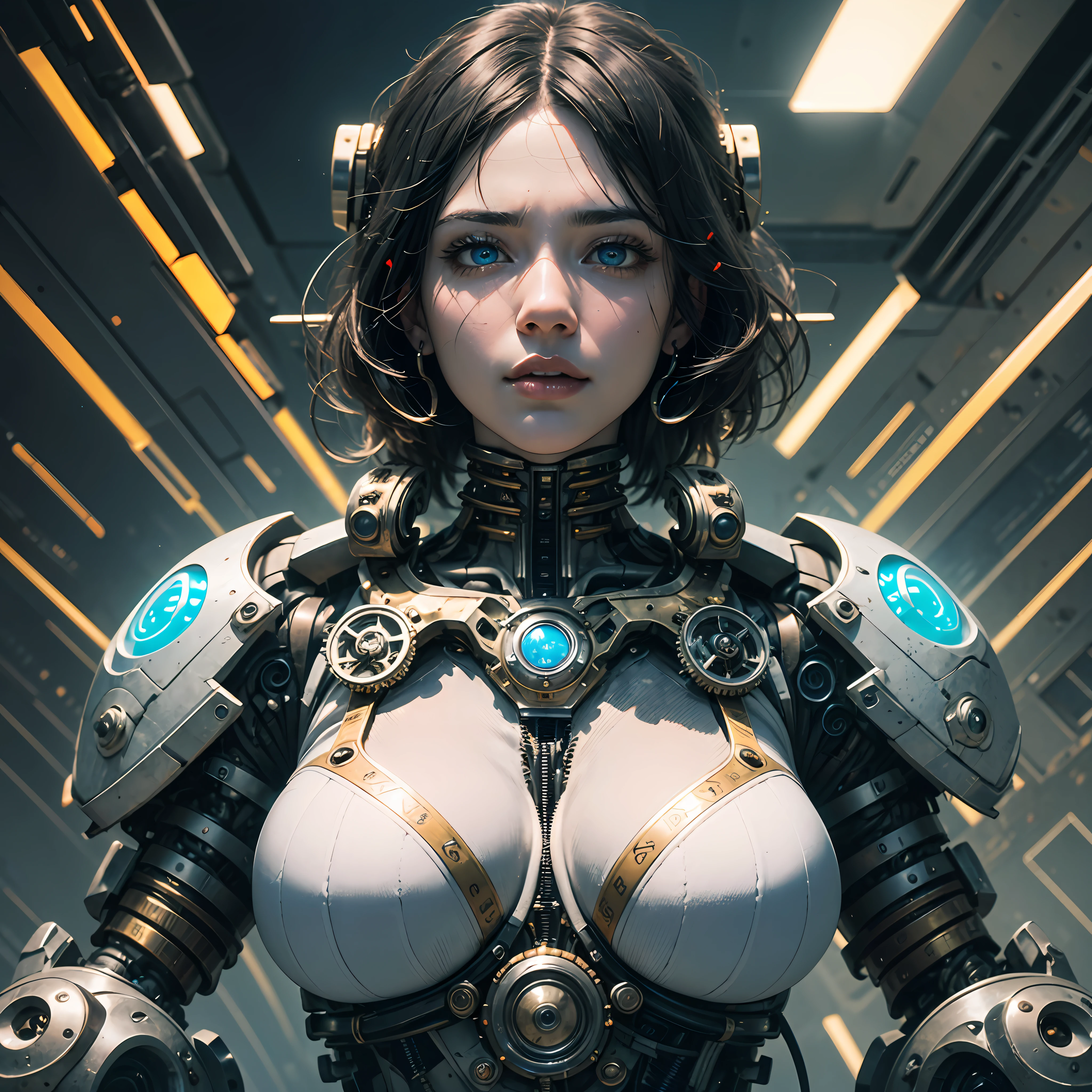 beste Quality、masterspiece、ultra-highres、(photorealestic:1.4)、Raw photo、女の子1人、Black hair、glowy skin、1 Mechanical Girl、((ultra realistic details))、The left half of the body is mechanical、The right half of the body is alive、portlate、Global Illumination、Shadow、Rendu octane、in 8K、ultrasharp、huge  boobs、Raw skin is exposed in cleavage、metals、Details of complex ornaments、Analog Meter、cogs、gear、Golden hydraulic cylinder、high intricate details、Realistic light、violet colored eyes、shinning eyes、Facing the camera、neon details、Mechanical limbs、blood vessels connected to tubes、Mechanical vertebrae attached to the back、mechanical cervical attaching to neck、sitting on、Wires and cables connecting to the head、Gundam、Small LED lamp、Luminous tube、 --auto
