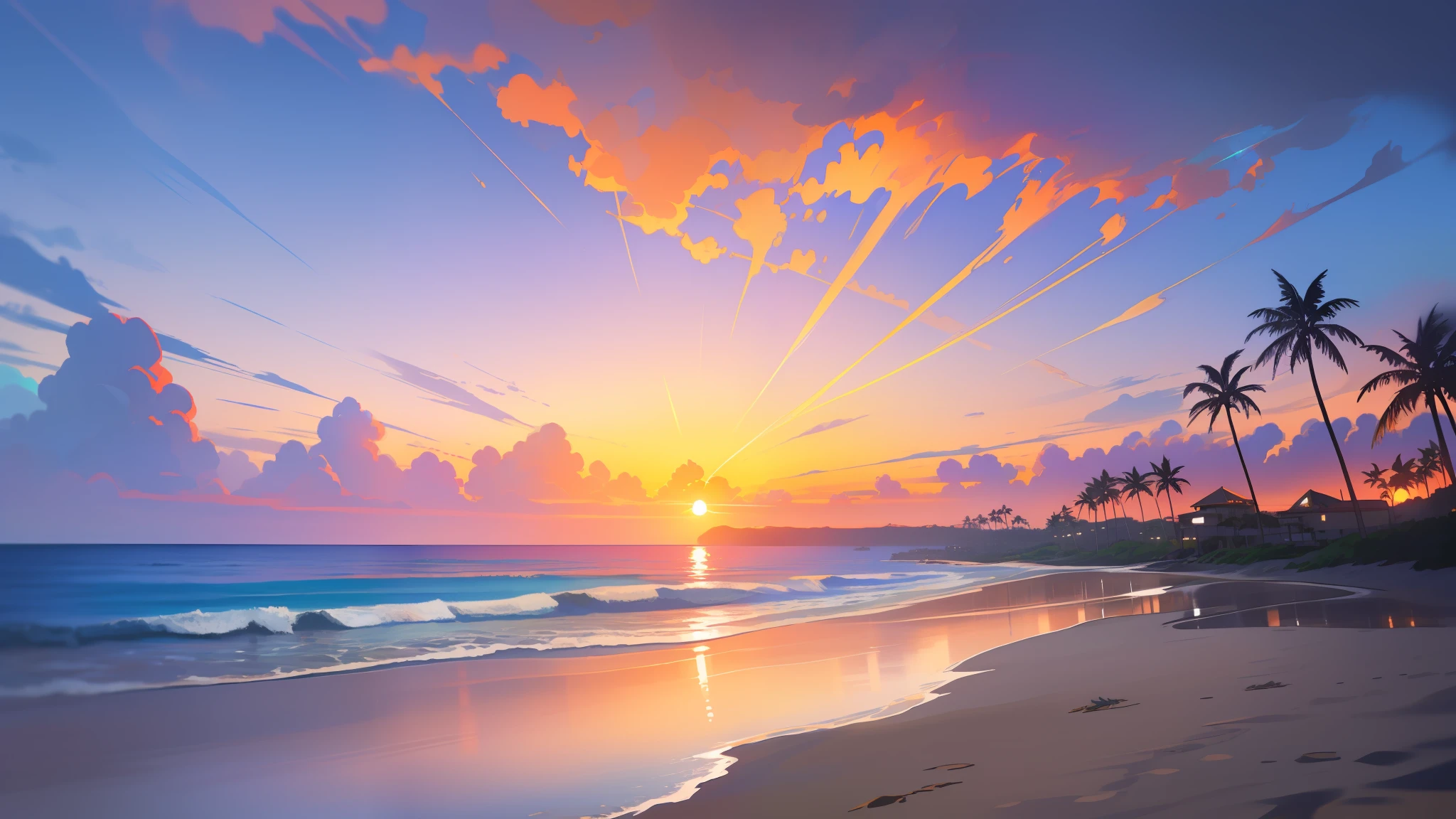 (best illustration, masterpiece, beach, pristine scenery, dramatic sunset, crystal clean water and golden sand, heavenly beauty, palm trees, panoramic view, deep blue sea, dreamlike atmosphere)