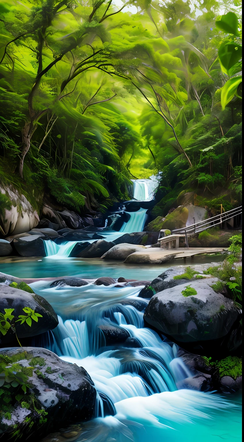 dense with greenery，Salgueiro Verde，Surrounded by turquoise water，Ponte pequena，Flowing Water，fami，com um toque antigo，Water Village Scroll，fotografia real，16k resolution