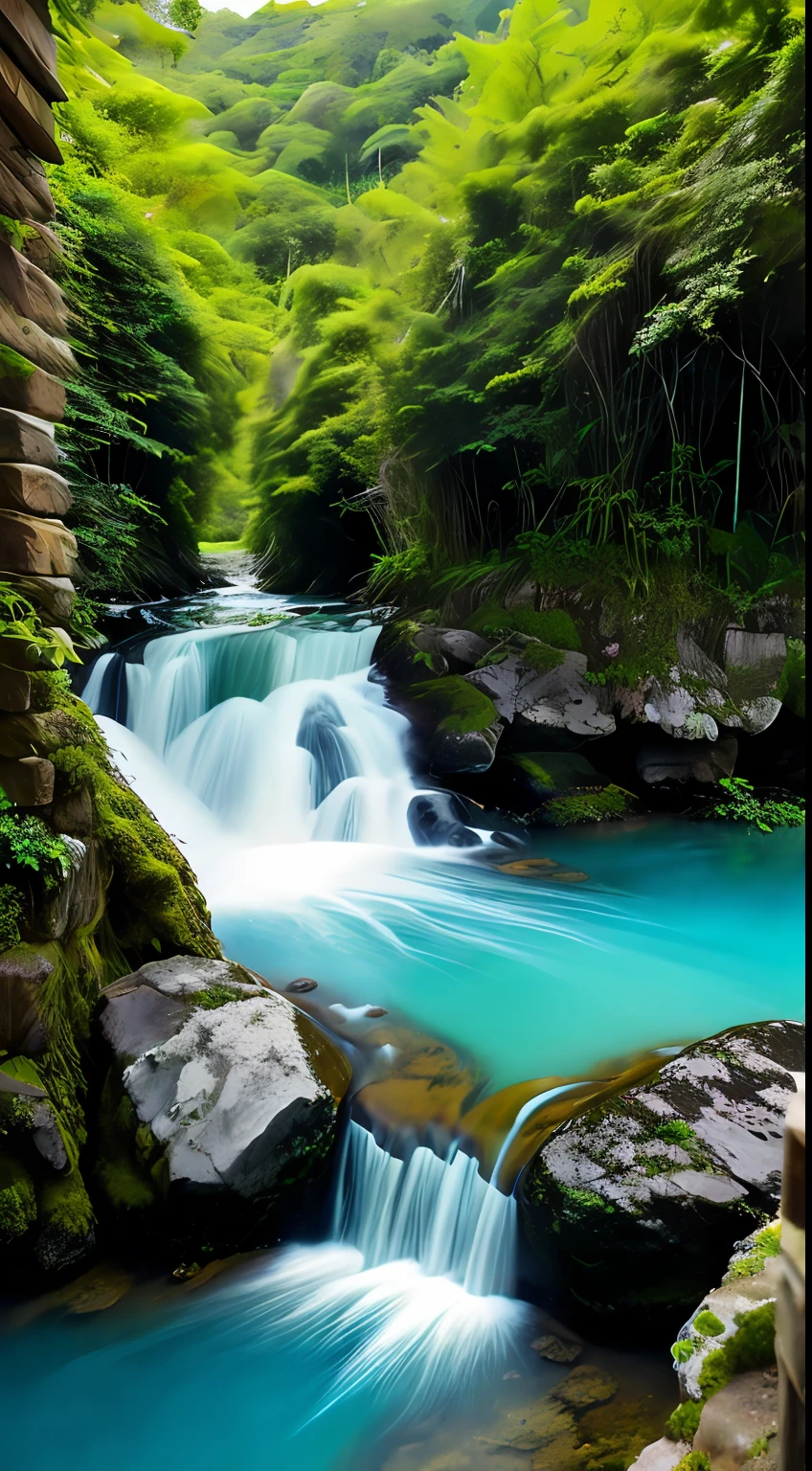dense with greenery,Salgueiro Verde,Surrounded by turquoise water,Ponte pequena,Flowing Water,fami,com um toque antigo,Water Village Scroll,fotografia real,16k resolution