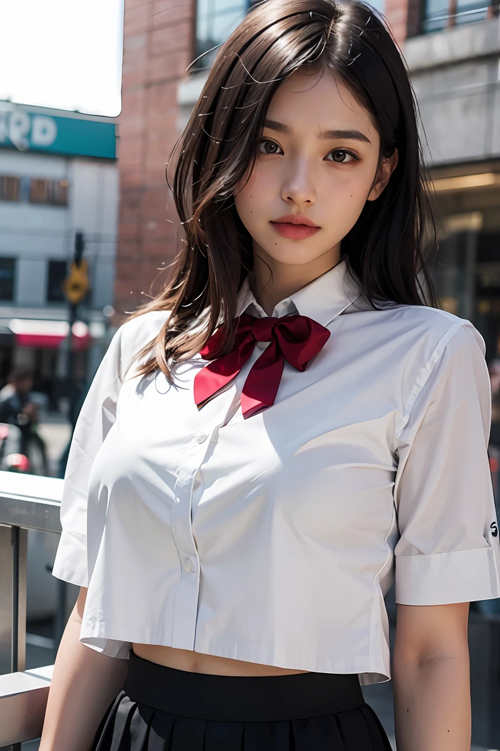 (Raw photography、beste Quality)、(Realstic、photorealestic:1.2)、Close-up portrait photography、a 1 girl、Rooftop café in a shopping mall、out door、Cool face、(high-detail skin:1.4)、Gorgeous hair、Air bangs、Brown black hair、White sheer shirt and bow tie、bright red pleated skirt、Soft lighting、hig quality、((massive underboob))