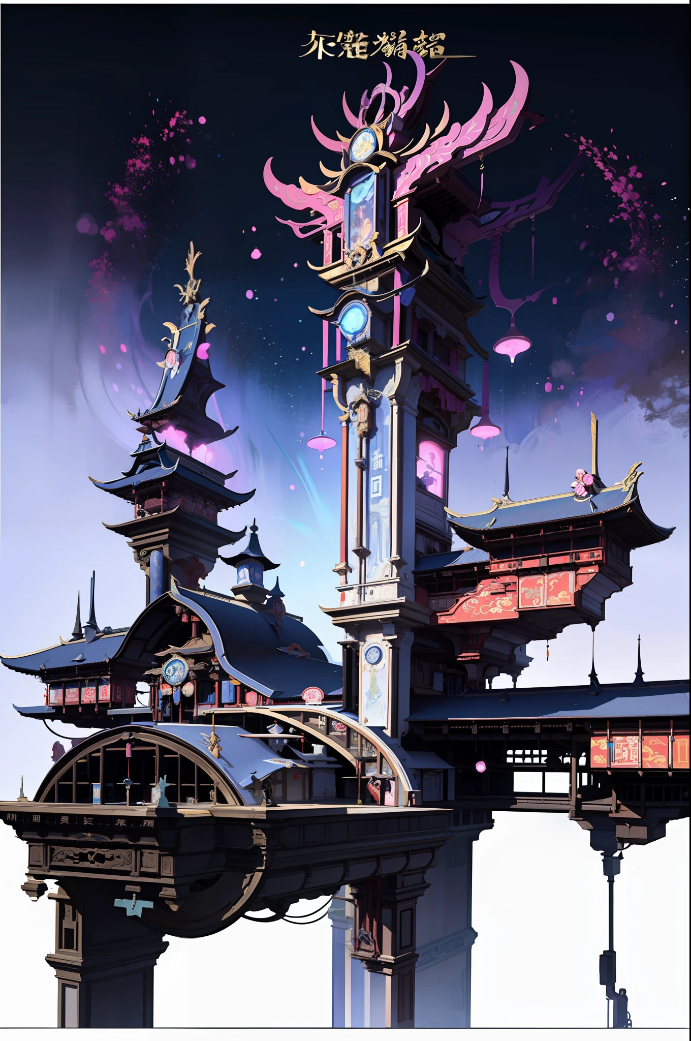 Game Academy，Ethno-style architecture，Ancient Chinese，xianixa，（Future science fiction，neon lit，The cyberpunk，Hologram aura、Particle effects），Structurally sound、high-definition details，perfect works，White background，（杰作，premier quality，best qualitiy，officlal art，Beauty and aesthetics：1.2），（8K，best qualitiy，杰作：1.2）