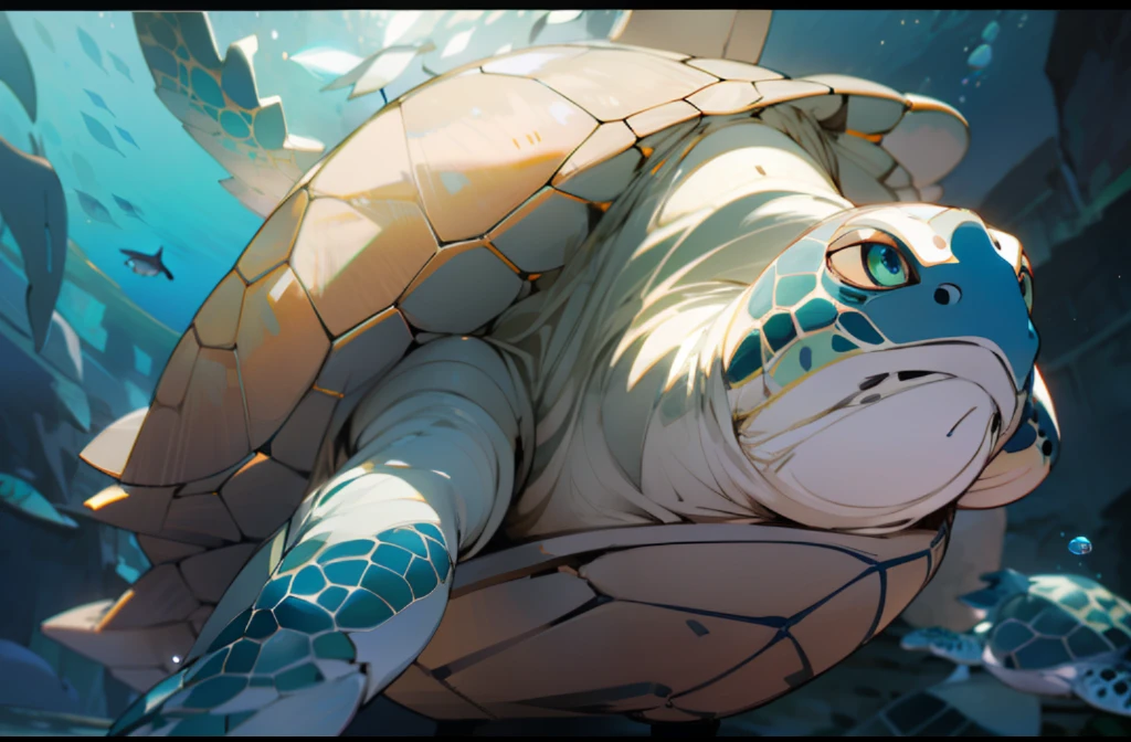 (no humans,sea turtle, cliff, underwater, perspective, from below:1.5), Miyazaki Hayao dream style, Meiji art, light color painting, rich layers, realistic figurative painting, realistic hyper-detail portrait style, neo-traditional japan, soft edges, fantastic illustration, (very detailed CG unity 8k wallpaper), clean background, natural light, best quality, hyperdetails, 3D Art, C4D, Blender, OC Renderer, 3D Rendering, 8K