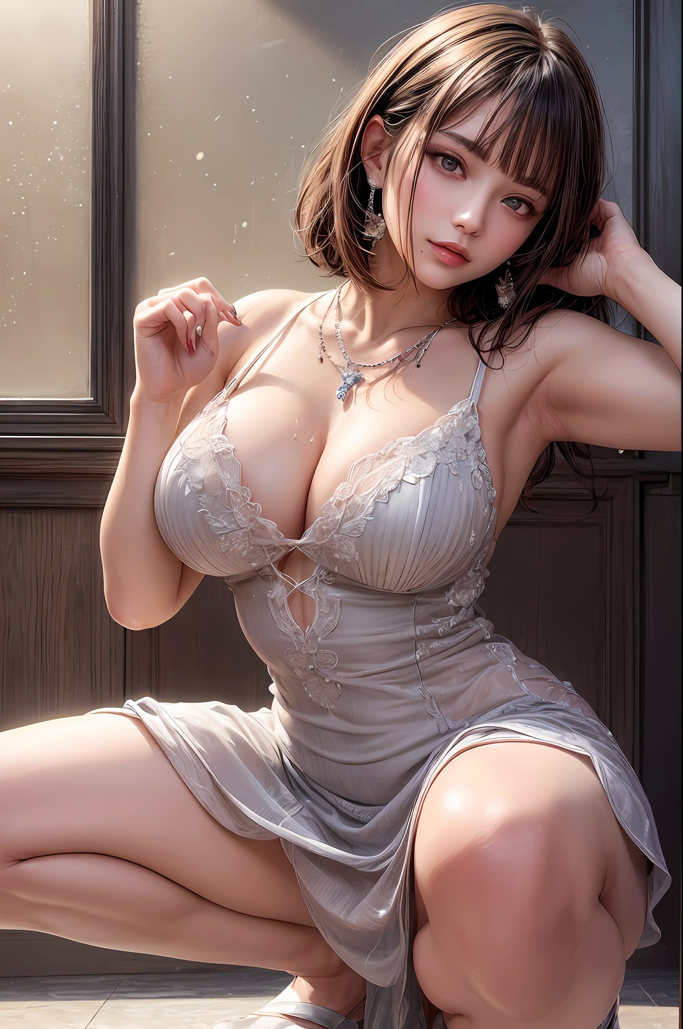 Top quality, (realism: 1.2), 1 girl of , idol, gravure model, bangs, brown hair, brown eyes, fine face, beautiful eyes, hair ornaments, necklaces, earrings, cocktail dress, luxurious lace embroidery, brown eyes, v6, short gray hair, bob, (obvious cleavage: 5.8), (big beyond imagination: 9.9, big sticking out: 6.3), undressing, blush, Look, ( Stunning, high resolution, RAW photo, realism: 1.25), (bright color lip gloss, long eyelashes, transparent double eyes, smooth face, bright skin, natural shadows, wide light, wide light, depth of field, strong colors, subtle caustics: 0.8), (good design), (fabric area very small), (waist constriction: 1.5), (wet skin), (her body is wet)), ( (see-through))), (the shape of the pubic area is clearly visible: 2.6), sexual expression, (spread the thighs: 1.8), luxurious church floor, (rubbing your breasts yourself)), lifting the skirt with your hands, masturbation, areola visible, wedding dress, squatting cowgirl, reflector board