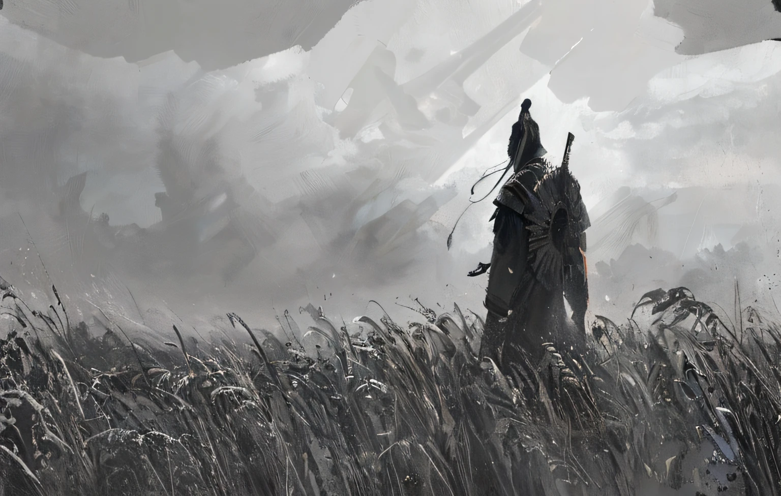 arafed man standing in a field of tall grass with a sword, author:Sun Kehong, inspired by Jakub Rozalski, style of jakub rozalski, by Yang J, author:ruanjia, author:Fan Kuan, inspired by Wadim Kashin, inspired by Grzegorz Domaradzki, author:Ismail Inceoglu --auto