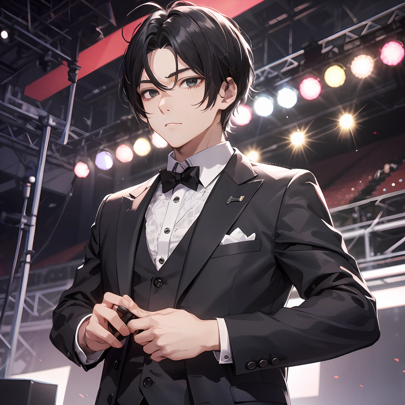 Ridiculous resolution, high resolution, (masterpiece: 1.4), hyper-detail, talk show stage, young man neat short black hair, black suit, holding a microphone, serious expression