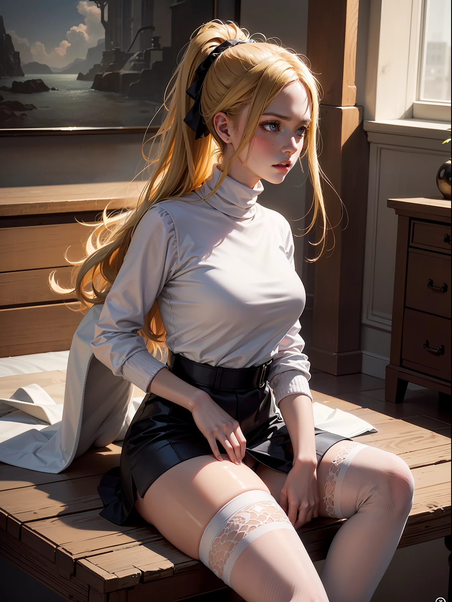 1girls, Delicate and beautiful face, get blush, Purple pupils,golden hair,long haired,High ponytail,Angry, Parting lips, Plump chest,Convex buttocks,White turtleneck knit vest, black short skirt,white panties,white legwear,perfectly proportioned, Detailed clothing details, inside a room,There are men around,Cinematic lighting, filmgrain, Fujicolor, light and darkcontrast, 8K, 巨作, Textured skin, Super detail, hight details, High quality, high resolusion,