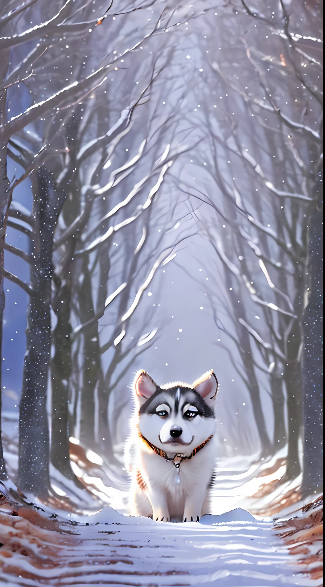(The highest HD quality)Battle of Chibi,Snow Falling,In dim light,The cute husky sits in the center of the scene,The surrounding scenery gradually became clear,The bright background highlights the bright atmosphere。Accompanied by a smile,A halo-like ray of light appears,Gently brush the scene,It blends perfectly with Larsen, who looks around,Real and delicate。