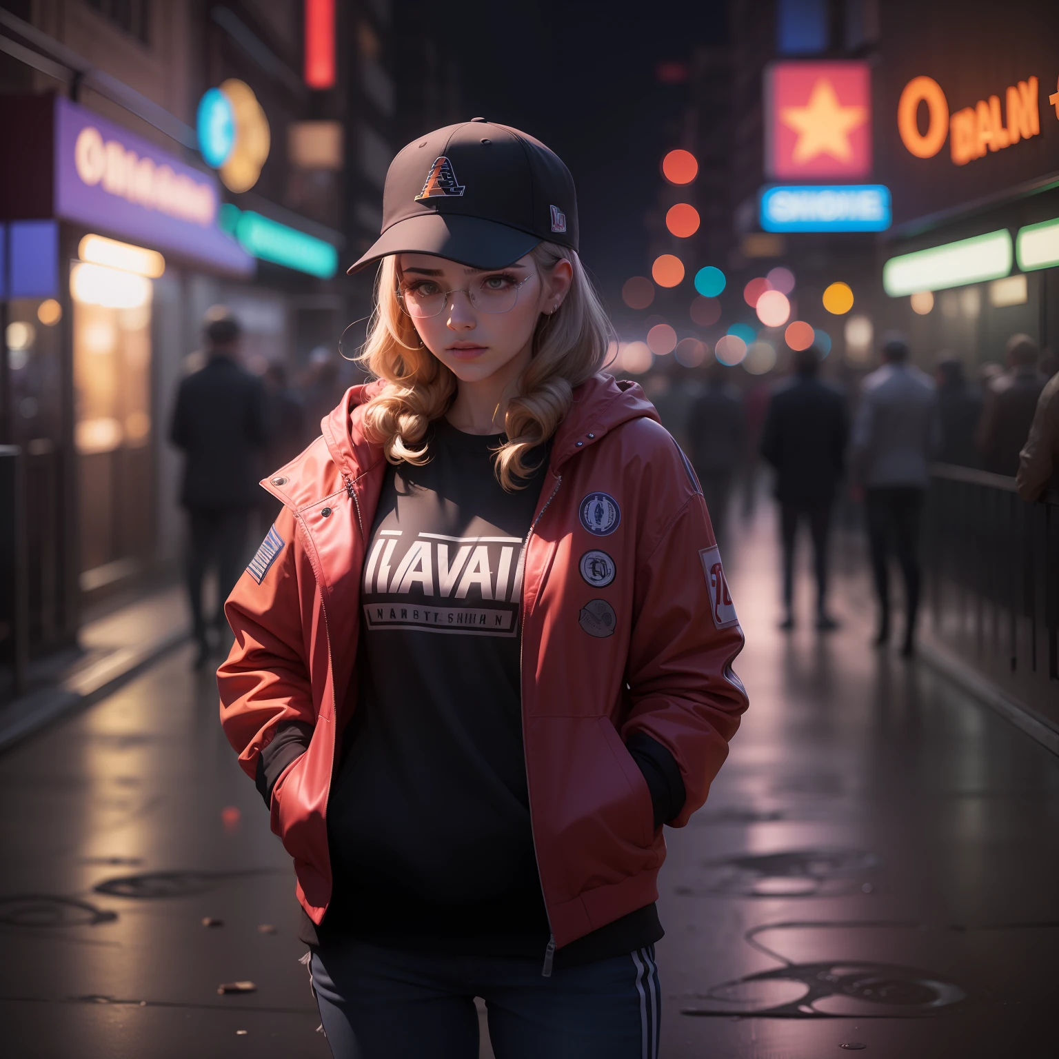"A woman, with an attractive body, in a basquet jacket with the colors of the Lakers, cap and sunglasses, standing at a deserted night club. The environment is dark, with lighting that highlights the shadows. The scene conveys an intense sense of loneliness and isolation. Music equipment and distant lights are obscured by the night, producing trails of colorful and vibrant lights in the background. The camera is positioned at a dynamic angle, as if it were a film shot, giving a sense of action and suspense."
