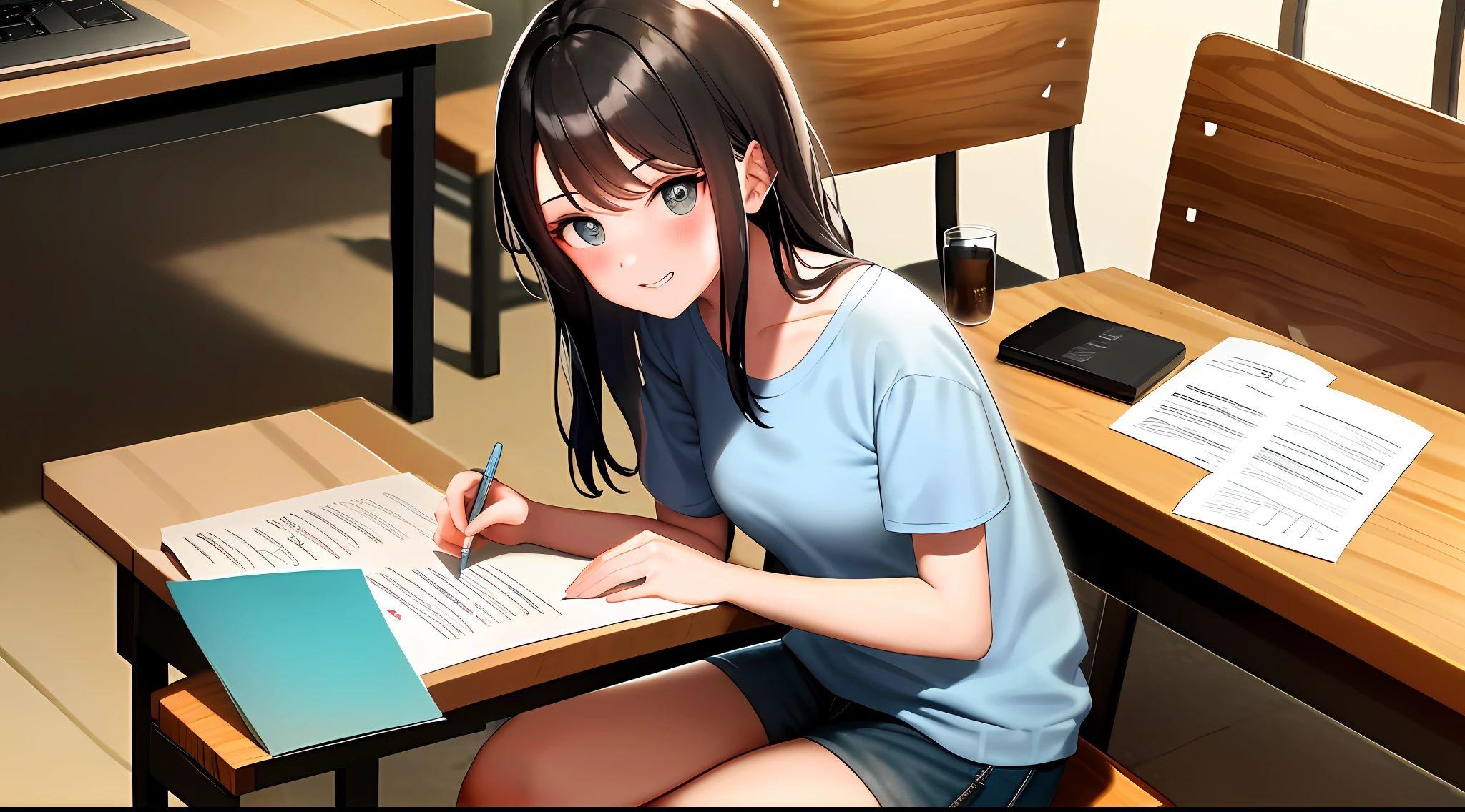 masterspiece, beste Quality, highly resolution, 1 idol woman, Loose T-shirt、 Girl sitting on chair studying drafting at desk, Study seriously, Good luck studying、drawn、