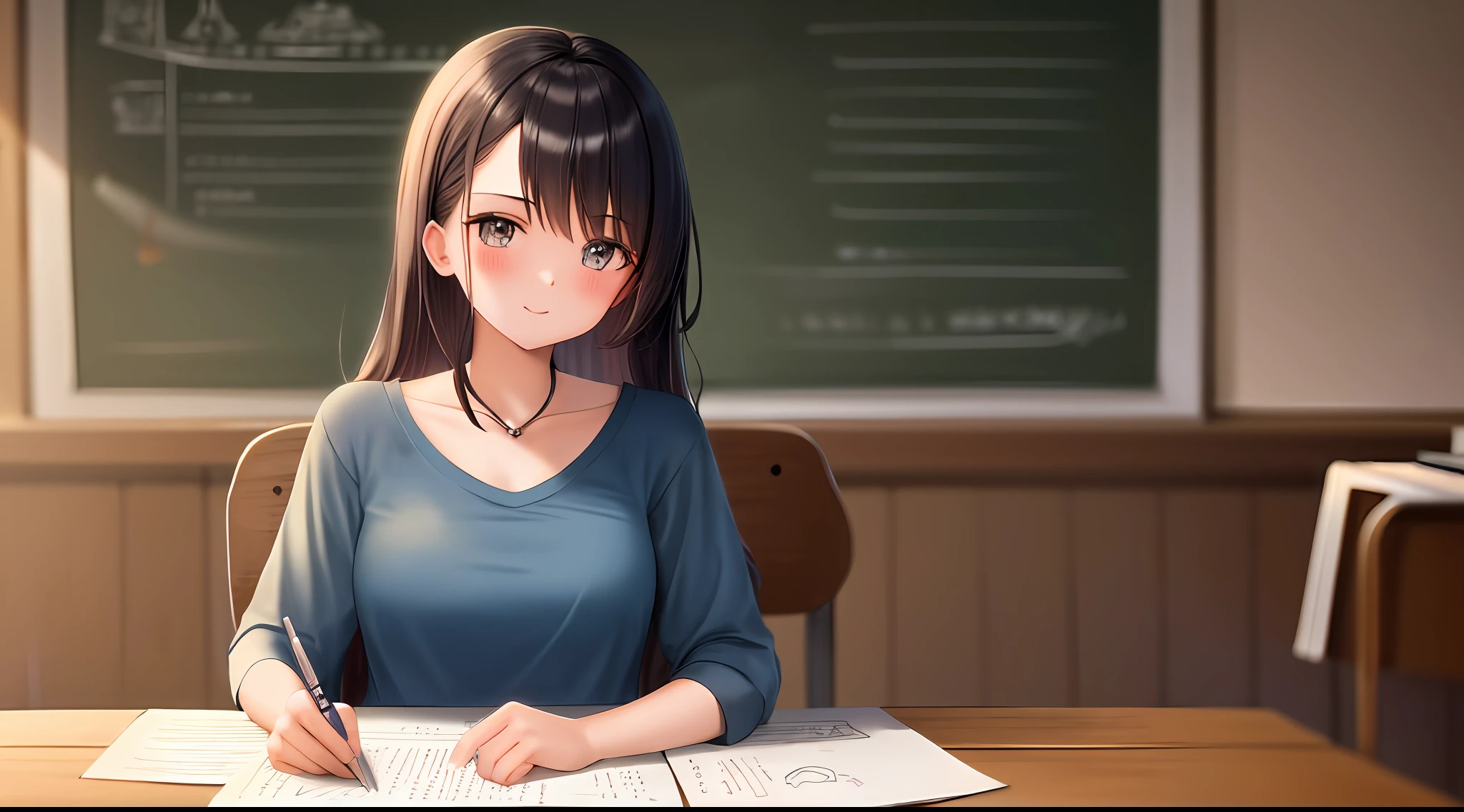 masterspiece, beste Quality, highly resolution, 1 idol woman, Loose T-shirt、 Girl sitting on chair studying drafting at desk, Study seriously, Good luck studying、drawn、