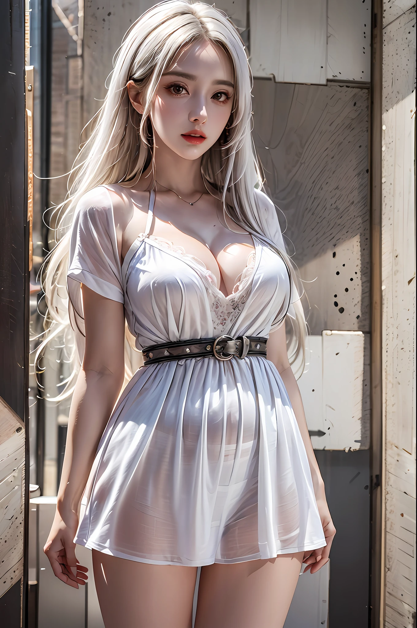 best quality, masterpiece, ultra-detailed, detailed light, (RAW photo:1.2), (photorealistic:1.4),(masterpiece:1.3),(best quality:1.4), 1girl, solo, waist up, white hair, long hair, red dress, fashion accessory