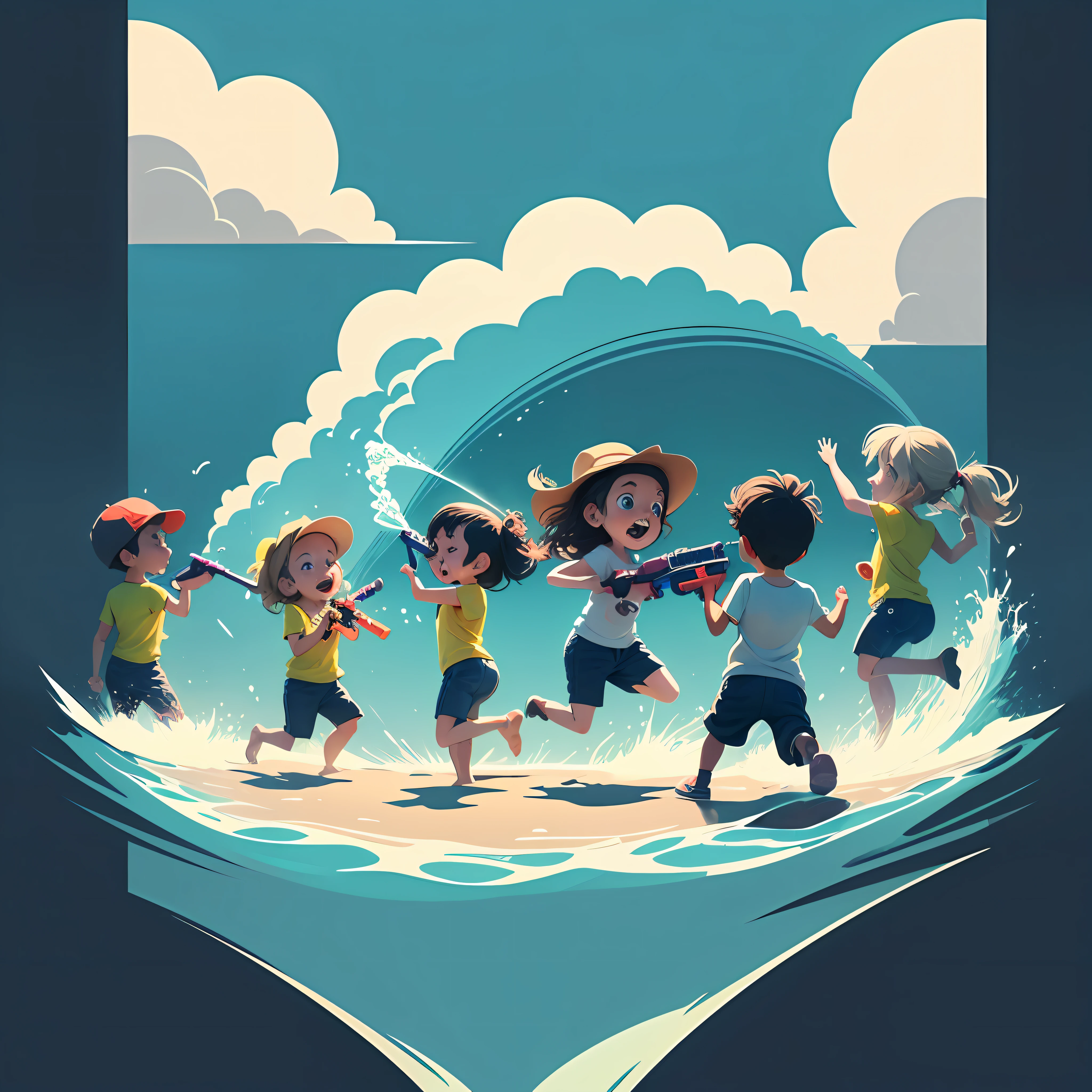 Blue sky meadow,A group of kids playing with water guns,tshirt design,MIDJOURNEY,vectorart,Hydrology 74 --auto