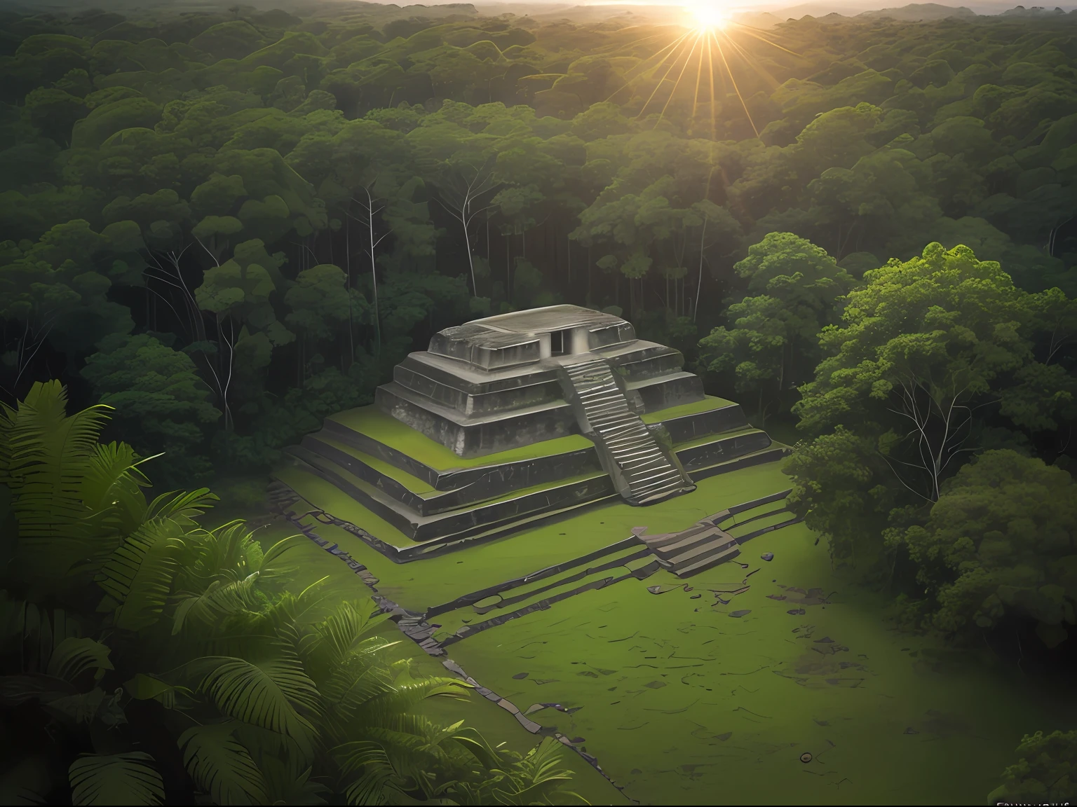 An amazing historical photograph of Tikal in the style of Peter Lik. The photo captures the ancient ruins in the heart of the jungle, surrounded by lush vegetation. The lighting is dramatic, with the sun setting behind the ruins, casting long shadows across the ground.